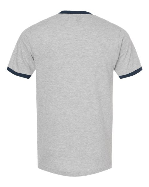 Back of gray t-shirt with navy blue ringer sleeves, viewed from the back.