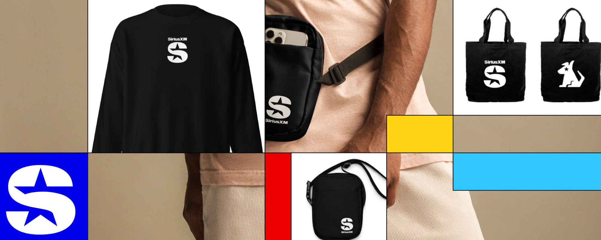 A collage of SiriusXM-branded merchandise, including a black long-sleeve shirt, a crossbody bag, tote bags, and a small pouch, all featuring the SiriusXM logo in a minimalist black-and-white design.