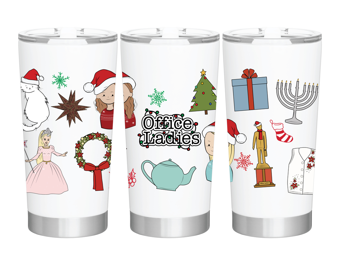 Three festive tumblers featuring illustrations of a cat, characters in holiday attire, snowflakes, a Christmas tree, a gift, a menorah, a teapot, and the text 'Office Ladies.'