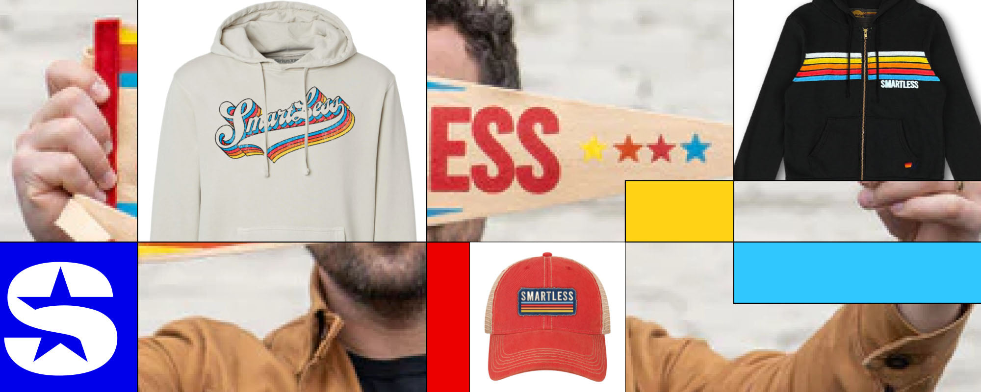 A collage of "SmartLess" merchandise, including hoodies, a cap, a pennant, a logo, and color blocks in a retro design with bold stripes and vintage fonts.