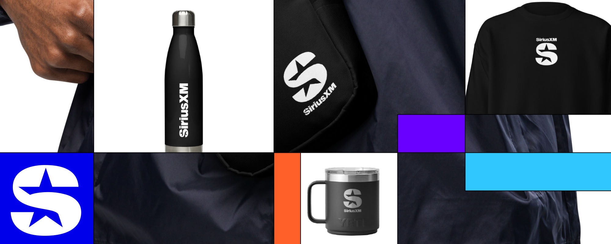 A collage of SiriusXM-branded merchandise, including a black stainless steel water bottle, a black long-sleeve shirt, a crossbody bag, a travel mug, and fabric details, all featuring the SiriusXM logo in a sleek black-and-white design.