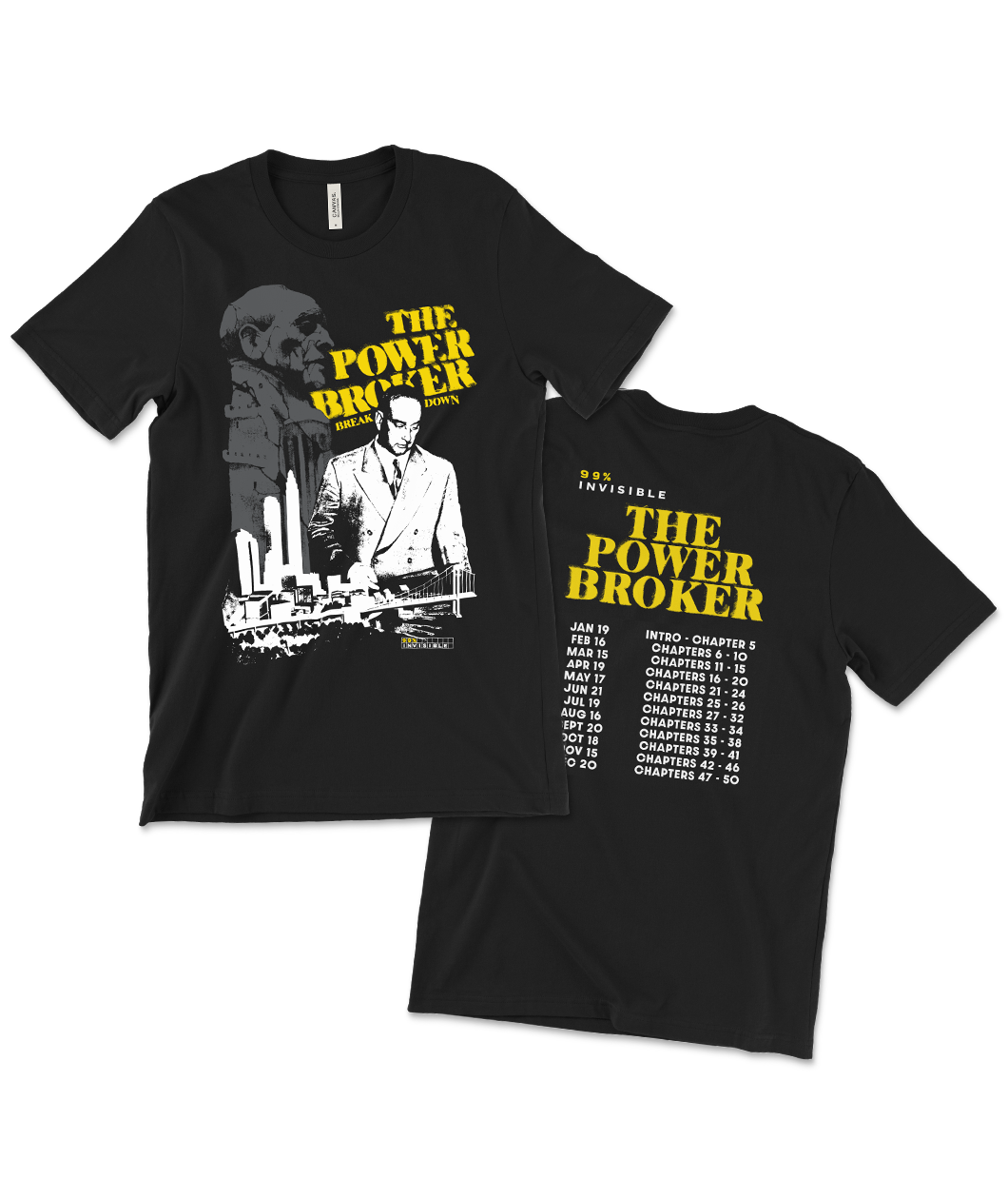 Black t-shirt featuring illustrations and text related to 'The Power Broker,' with a design on the front and a list of chapters on the back.