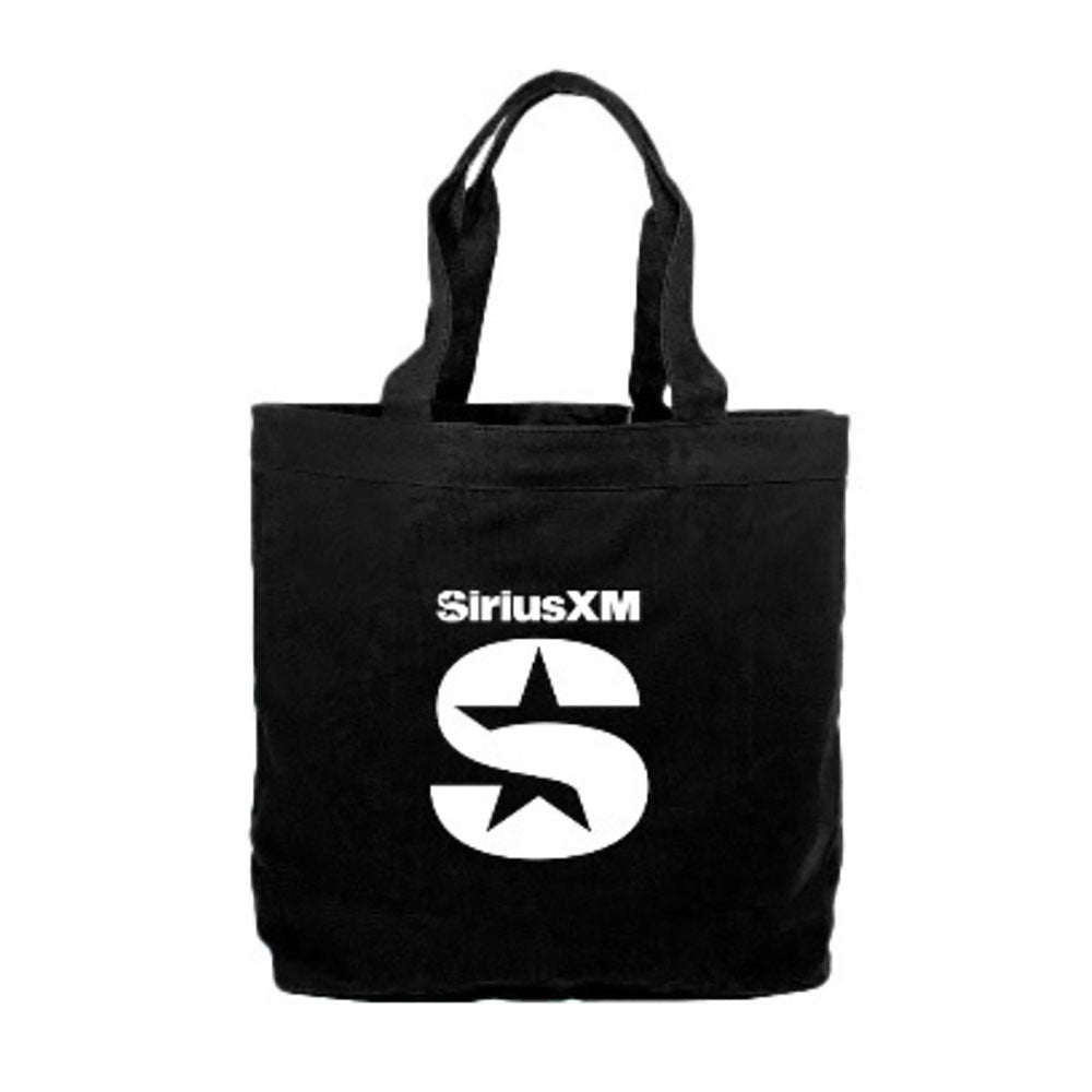 A black tote bag featuring the 'SiriusXM' logo in white on the front. The logo consists of the brand name 'SiriusXM' in bold uppercase letters above a large stylized 'S' with a star cutout. The bag has sturdy black handles and a spacious design.