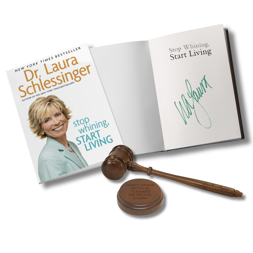 Dr. Laura Schlessinger's book 'Stop Whining, Start Living' with a gavel and sound block.