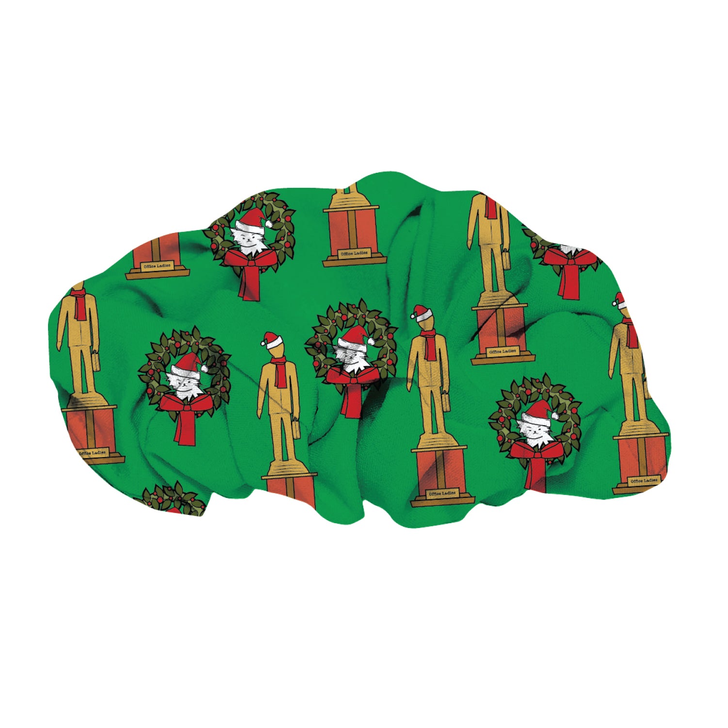 Patterned scrunchie with a green background featuring gold figures and holiday wreaths with a cat in a Santa hat.