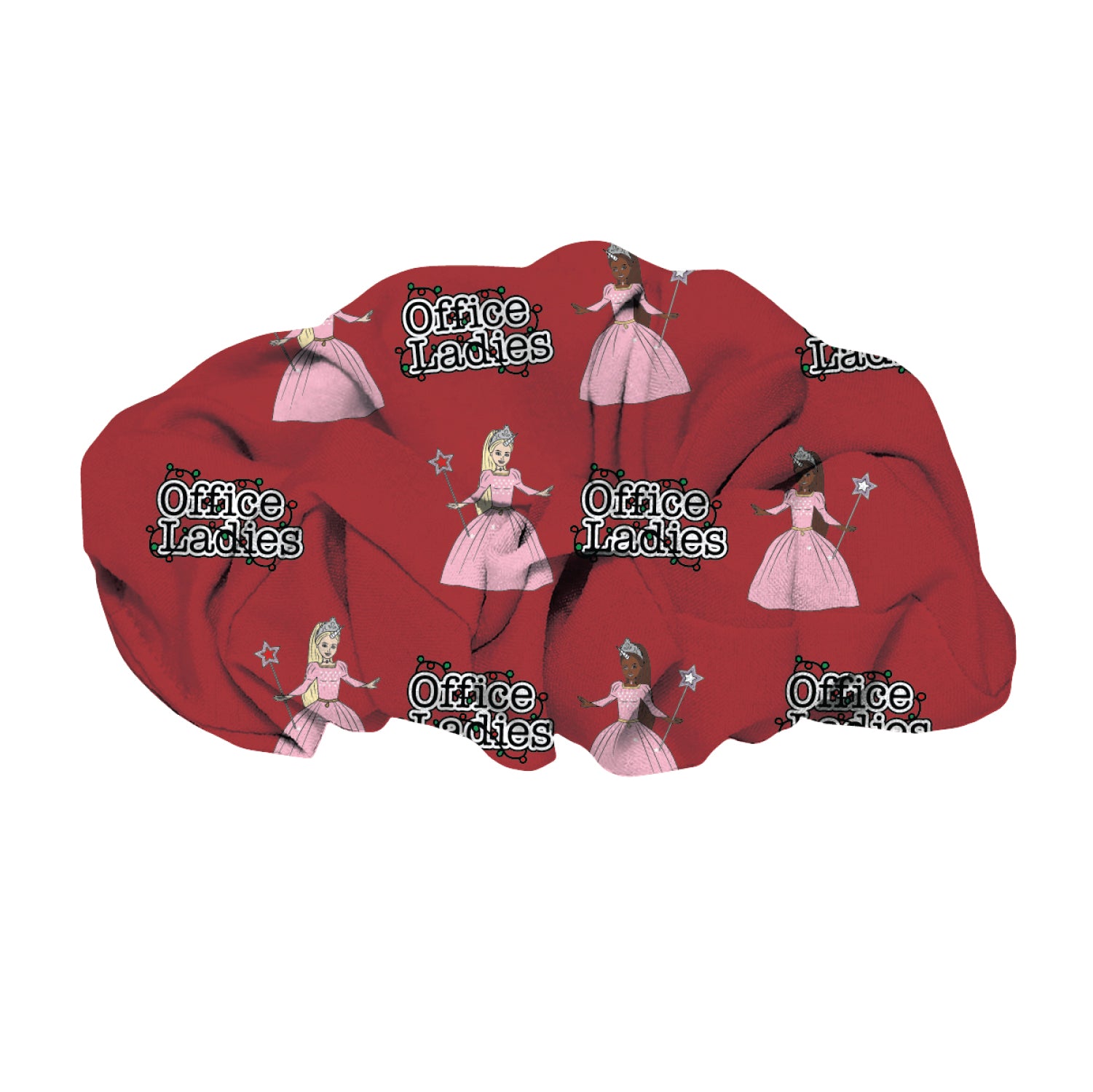 A scrunchie with a red background featuring illustrations of princesses and the text 'Office Ladies.'