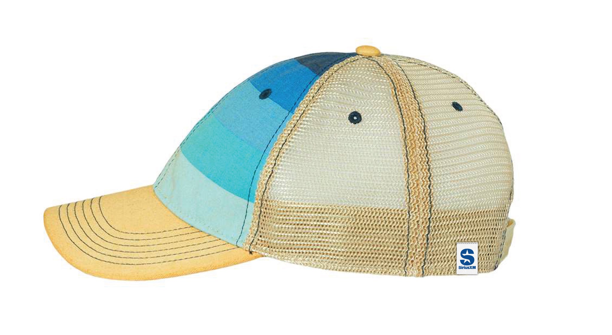 Multicolored baseball cap with a yellow brim and mesh back, featuring the SiriusXM logo on the side.