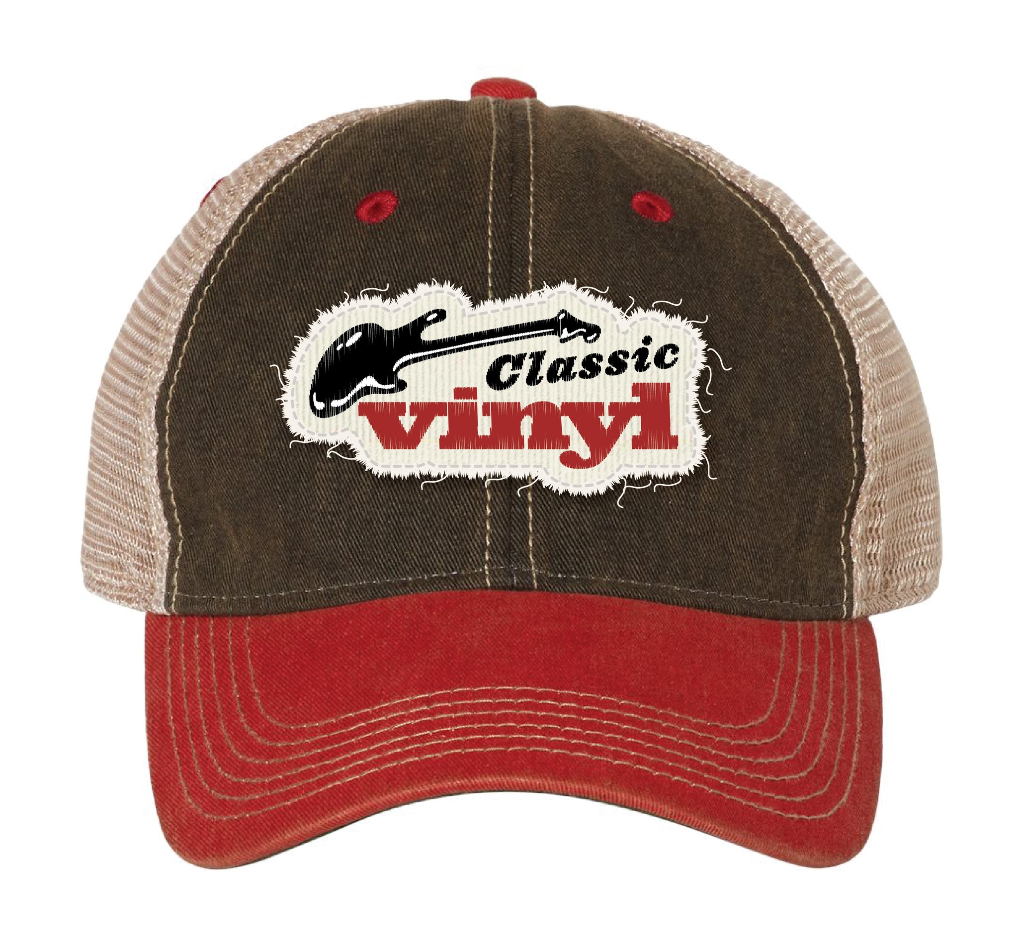 Cap with a red brim and green canvas, featuring a white patch with 'Classic Vinyl' and a guitar graphic.