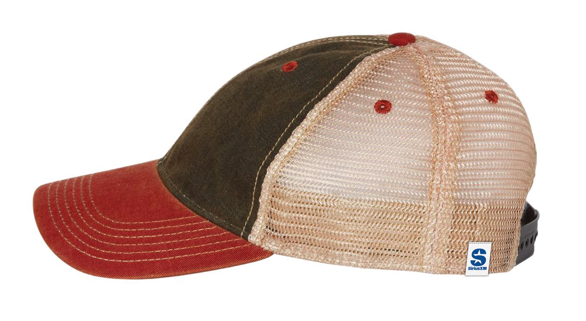 Adjustable baseball cap with a red and olive green front, and mesh back, featuring a small SiriusXM logo.