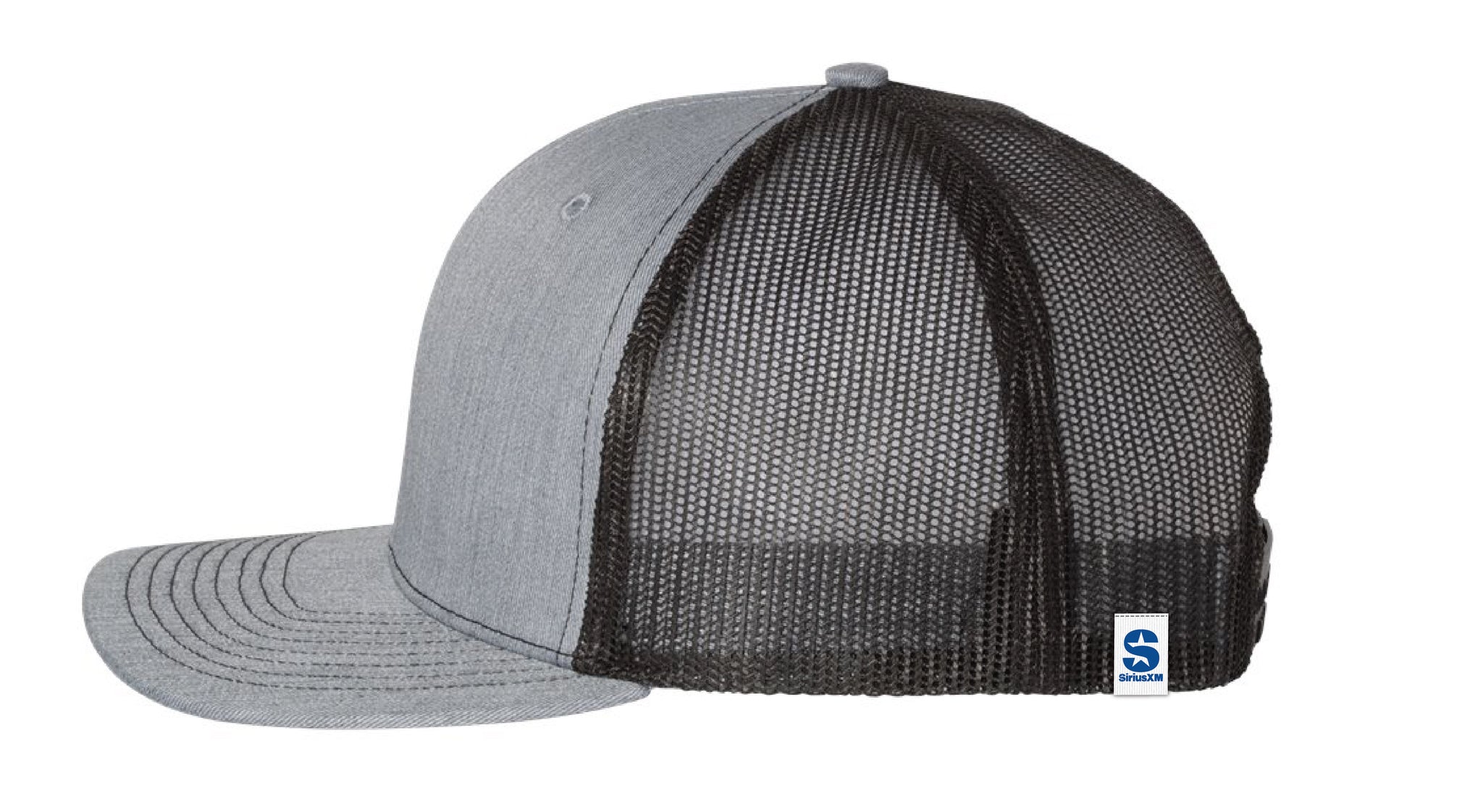 Gray and black snapback cap with a mesh back and a logo tag at the side.