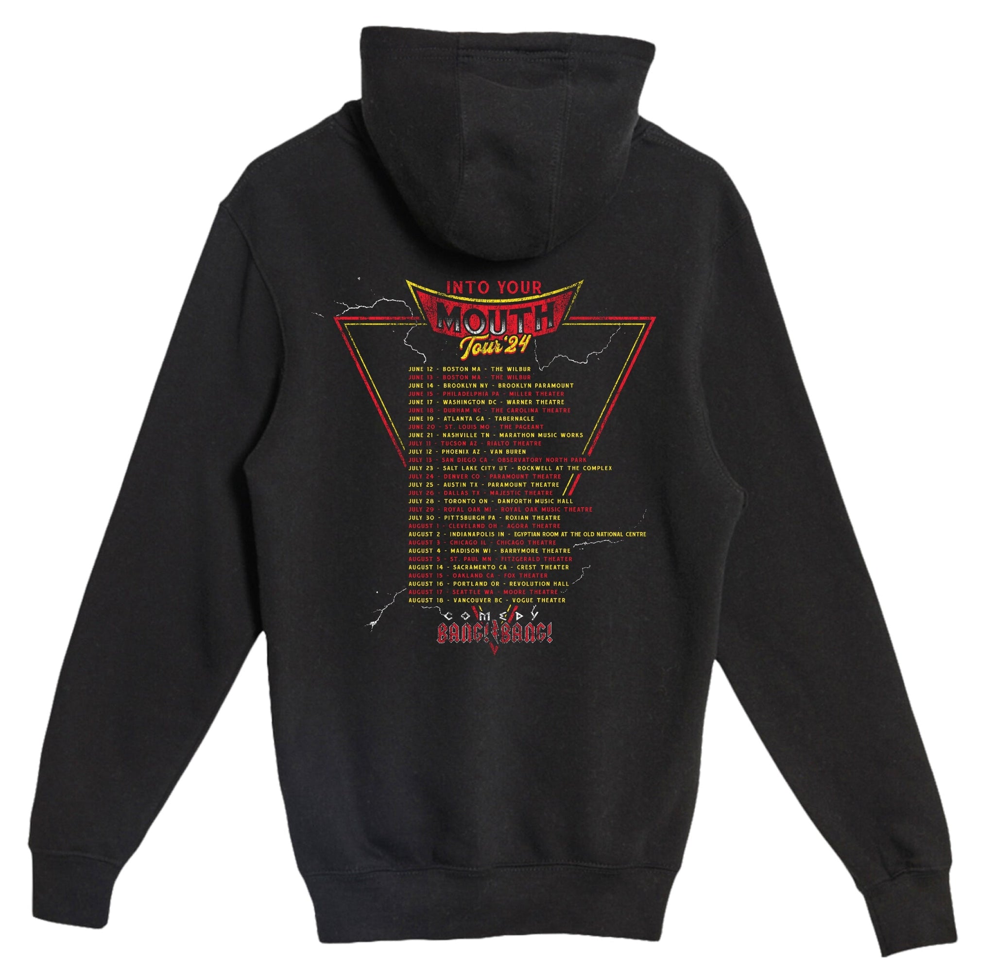 Back of black hoodie featuring a graphic design on the back with the text 'INTO YOUR MOUTH Tour '24' and a list of tour dates and locations.