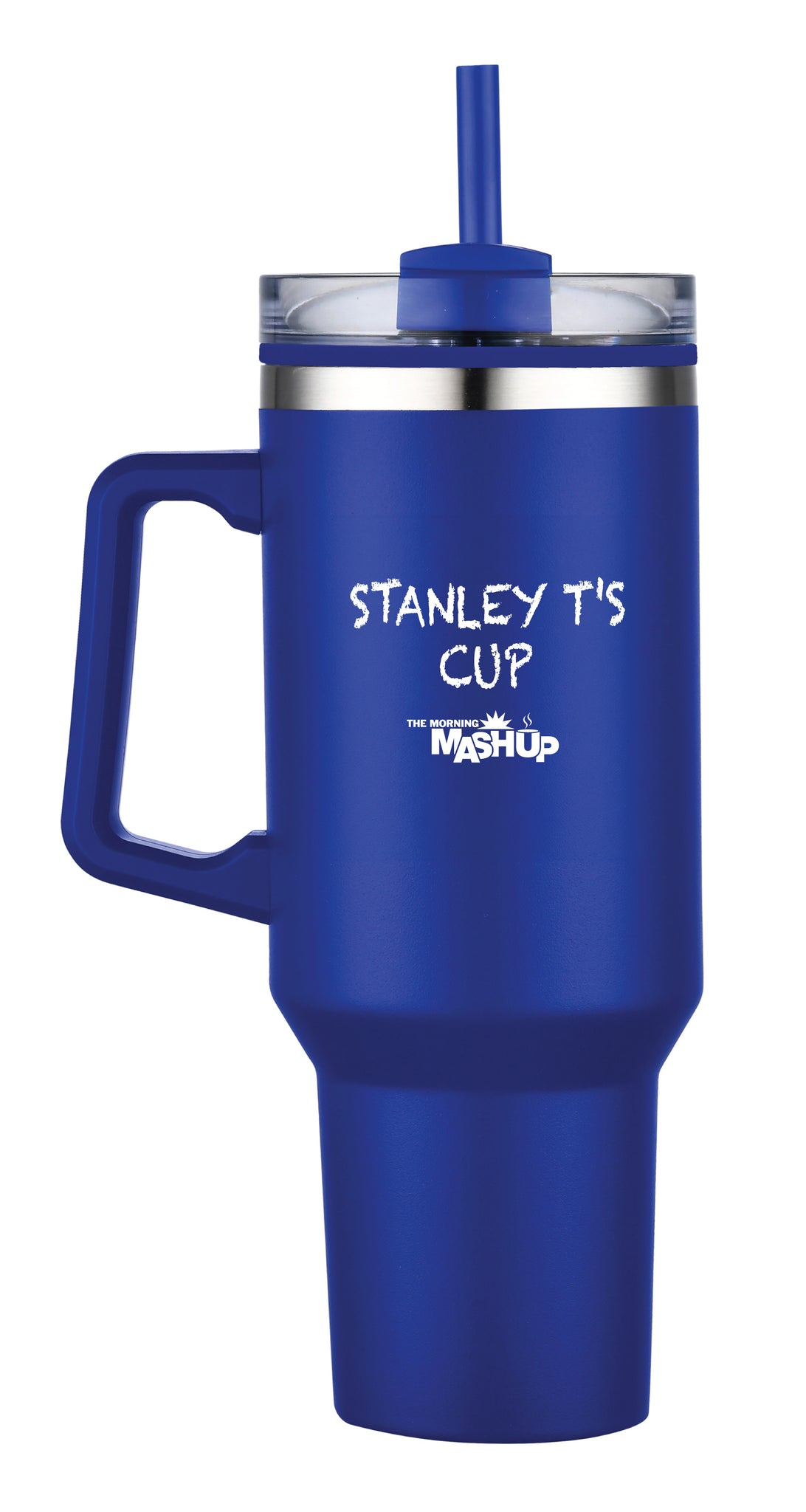 Blue travel mug with straw and handle and white text saying 'STANLEY T'S CUP' and 'THE MORNING MASHUP' logo.