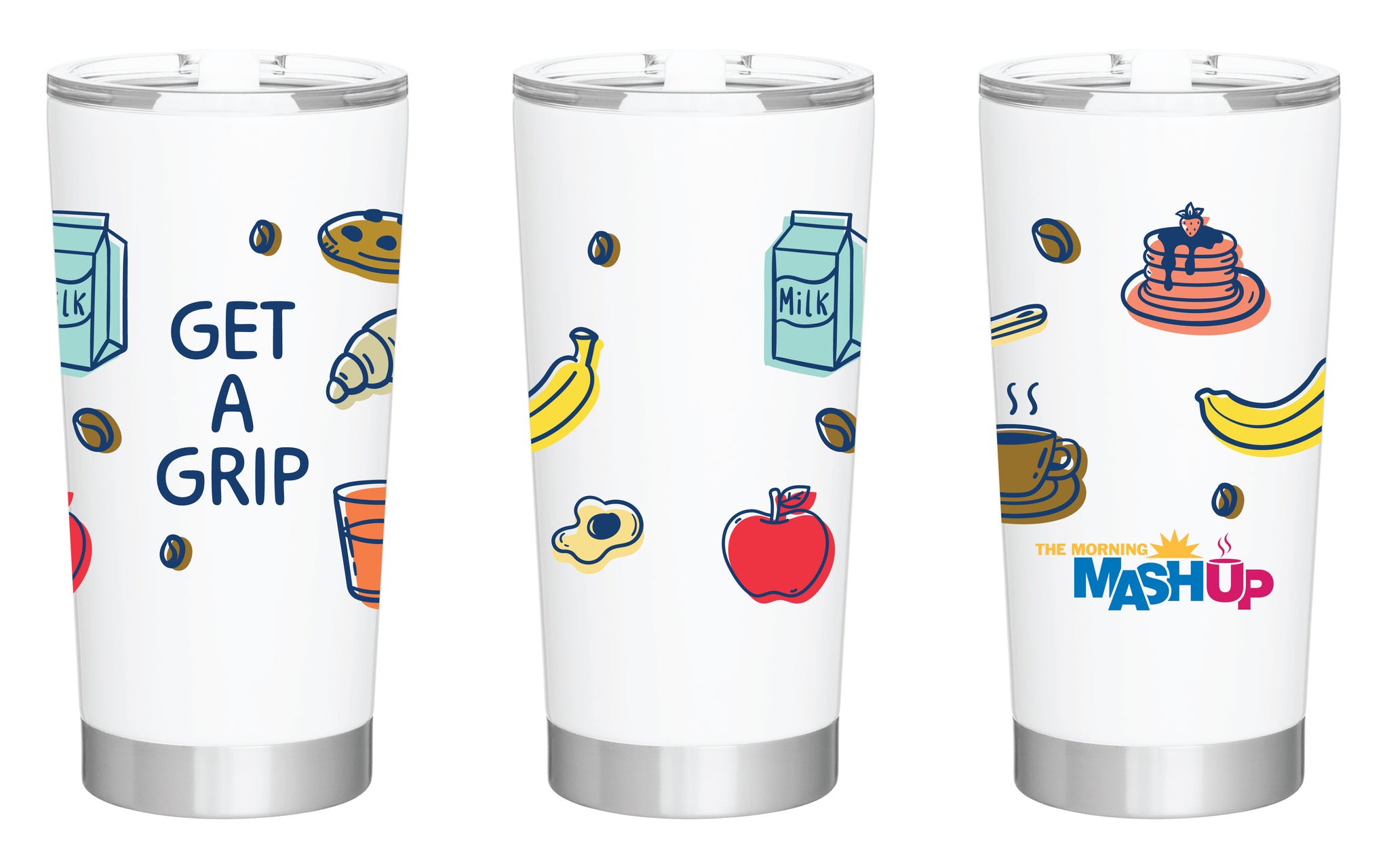 Three colorful travel mugs featuring all side of the tumbler to show illustrations food and drink icons, with phrases 'GET A GRIP' and 'THE MORNING MASHUP.'