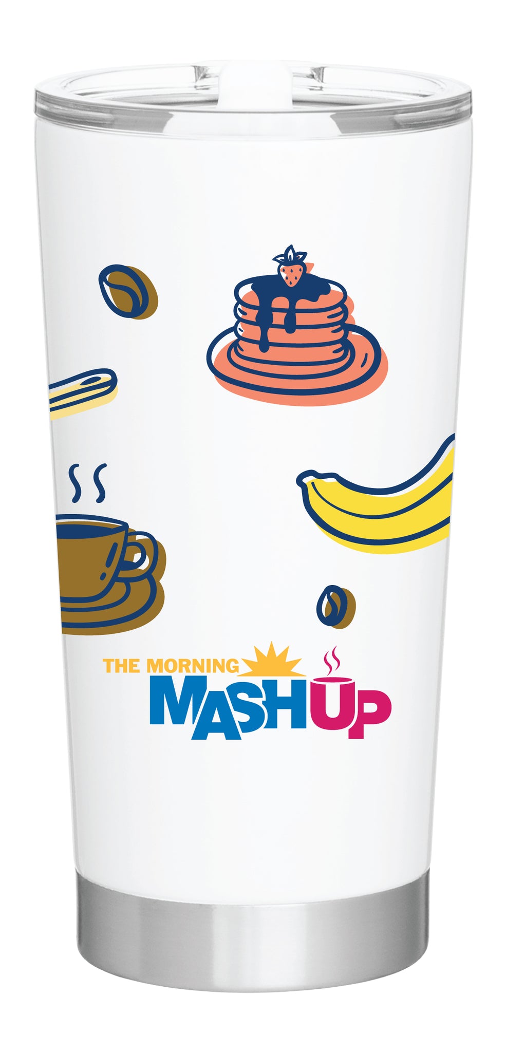 Back view of a white tumbler featuring colorful illustrations of pancakes, bananas, coffee, and the text 'THE MORNING MASHUP' in blue and pink.