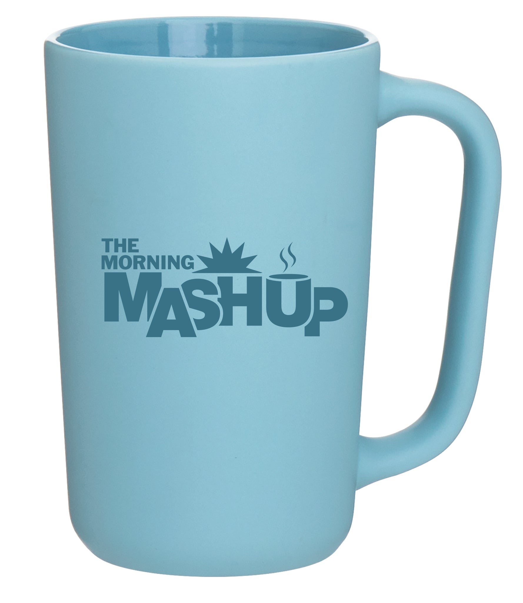 Light blue mug with the 'THE MORNING MASHUP' logo printed in dark blue.