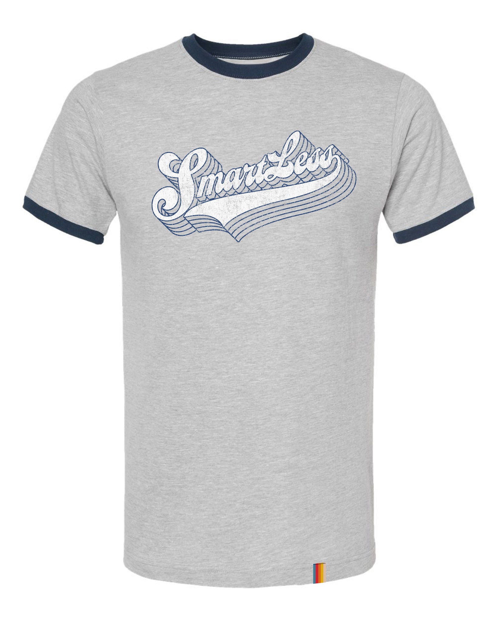 Gray ringer t-shirt with navy blue collar and sleeve cuffs featuring the word 'SmartLess' in a stylized font.