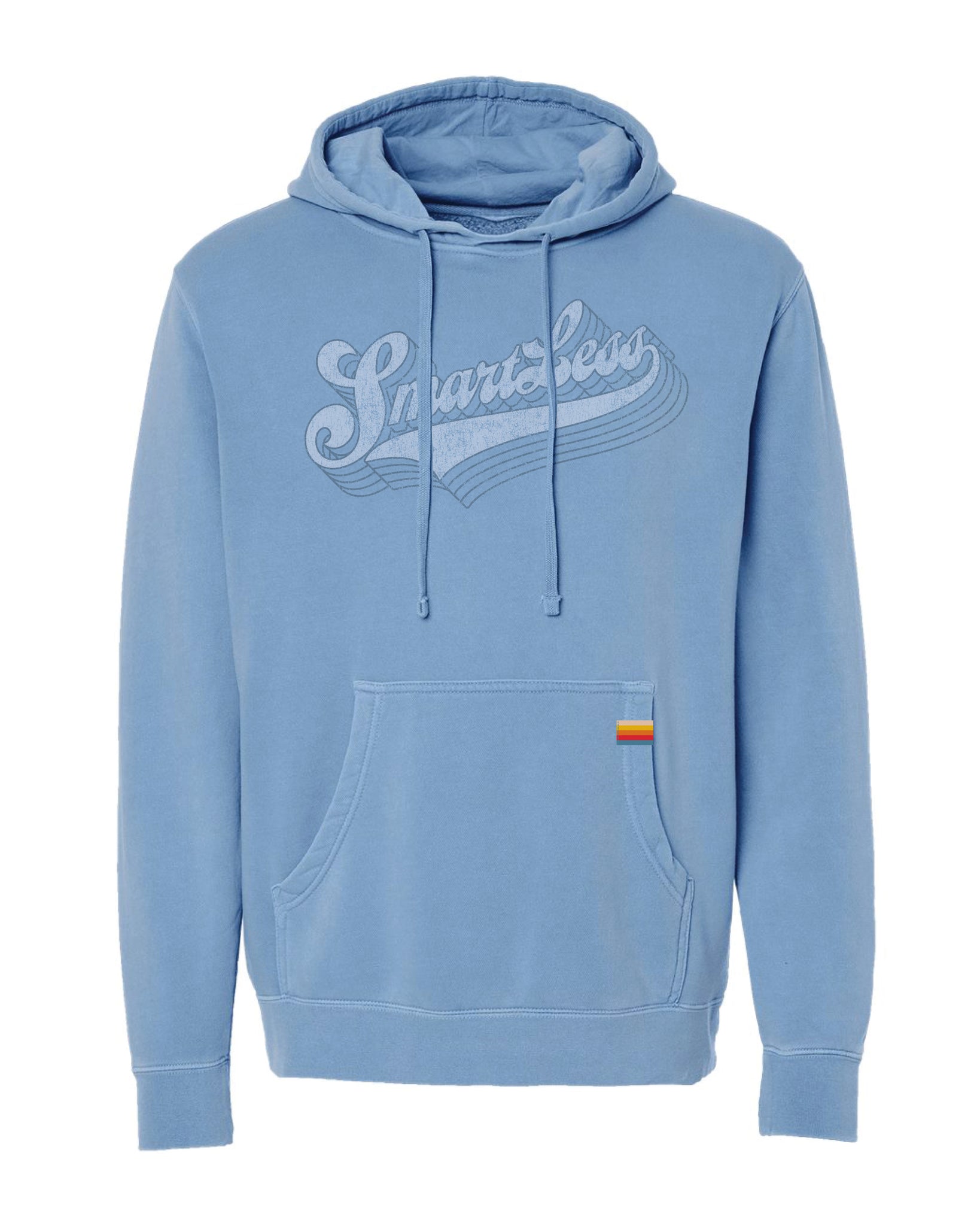 Light blue hoodie with the text 'SmartLess' on the front and a small striped clip label on the pocket.