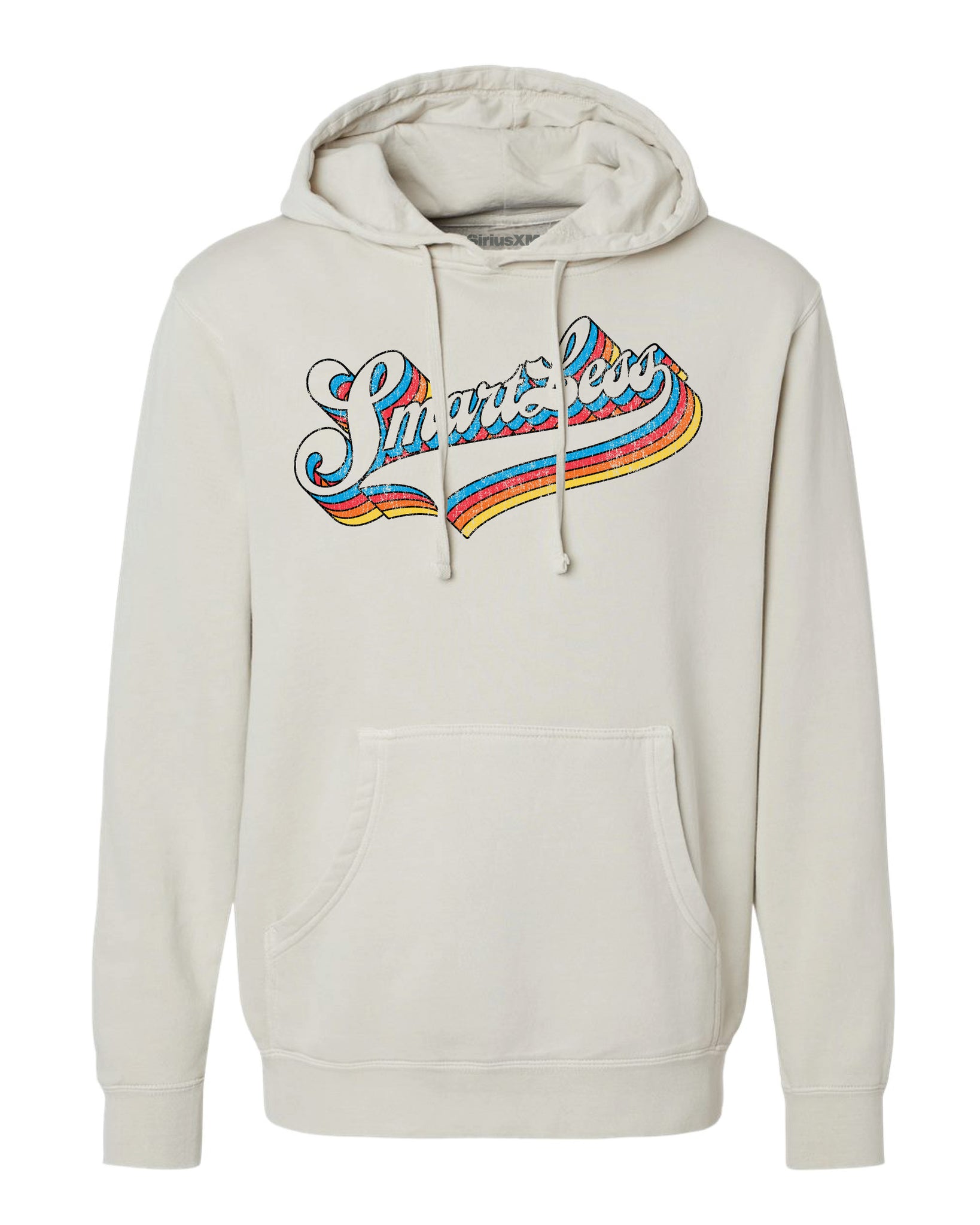 Ivory hoodie with a colorful 'SmartLess' logo printed on the front, lined in blue, red, orange, and yellow.