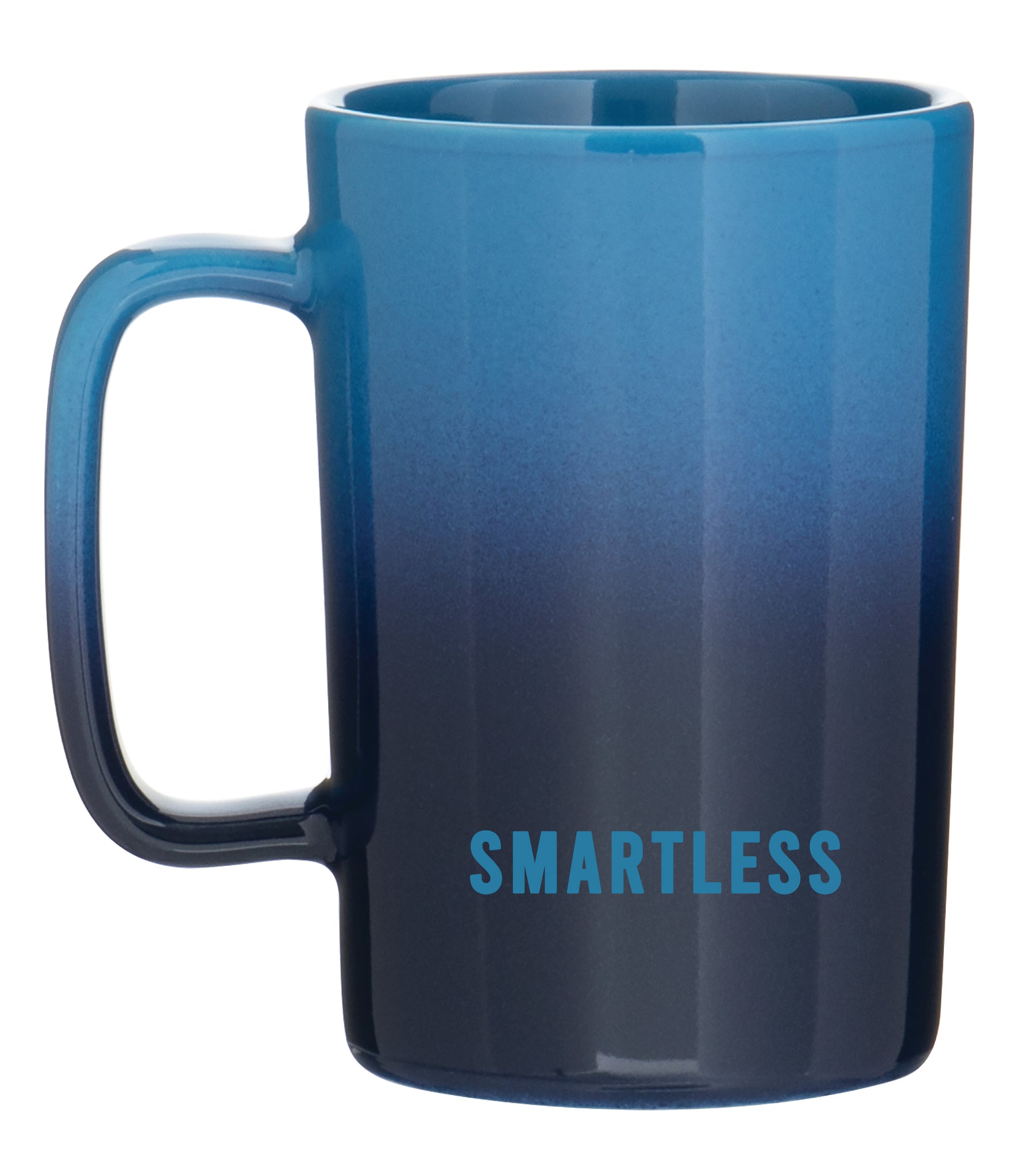 A blue gradient mug with the word 'SMARTLESS' printed toward the base.