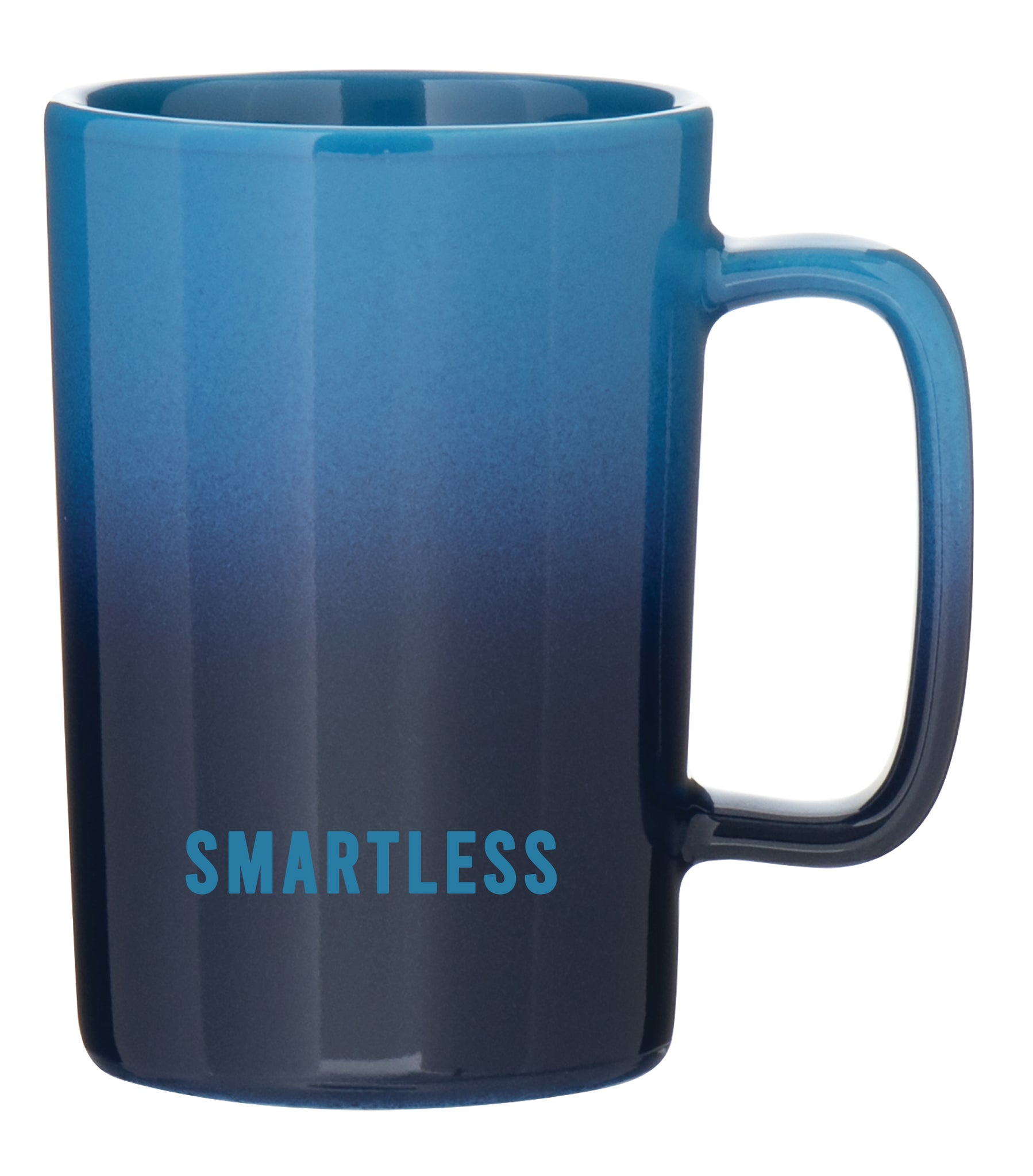 A blue gradient mug with the word 'SMARTLESS' printed toward the base.