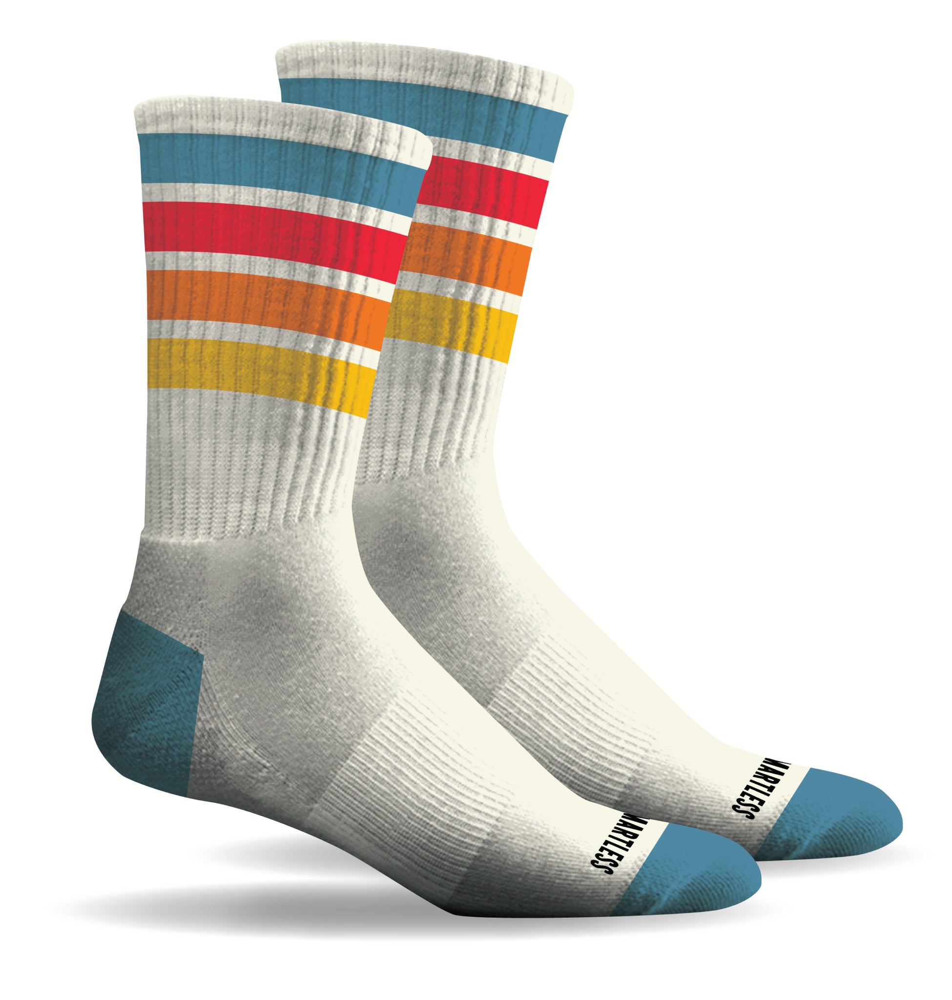 A pair of white athletic socks with horizontal stripes in blue, red, orange, yellow above the ankle and a teal toe and heel.