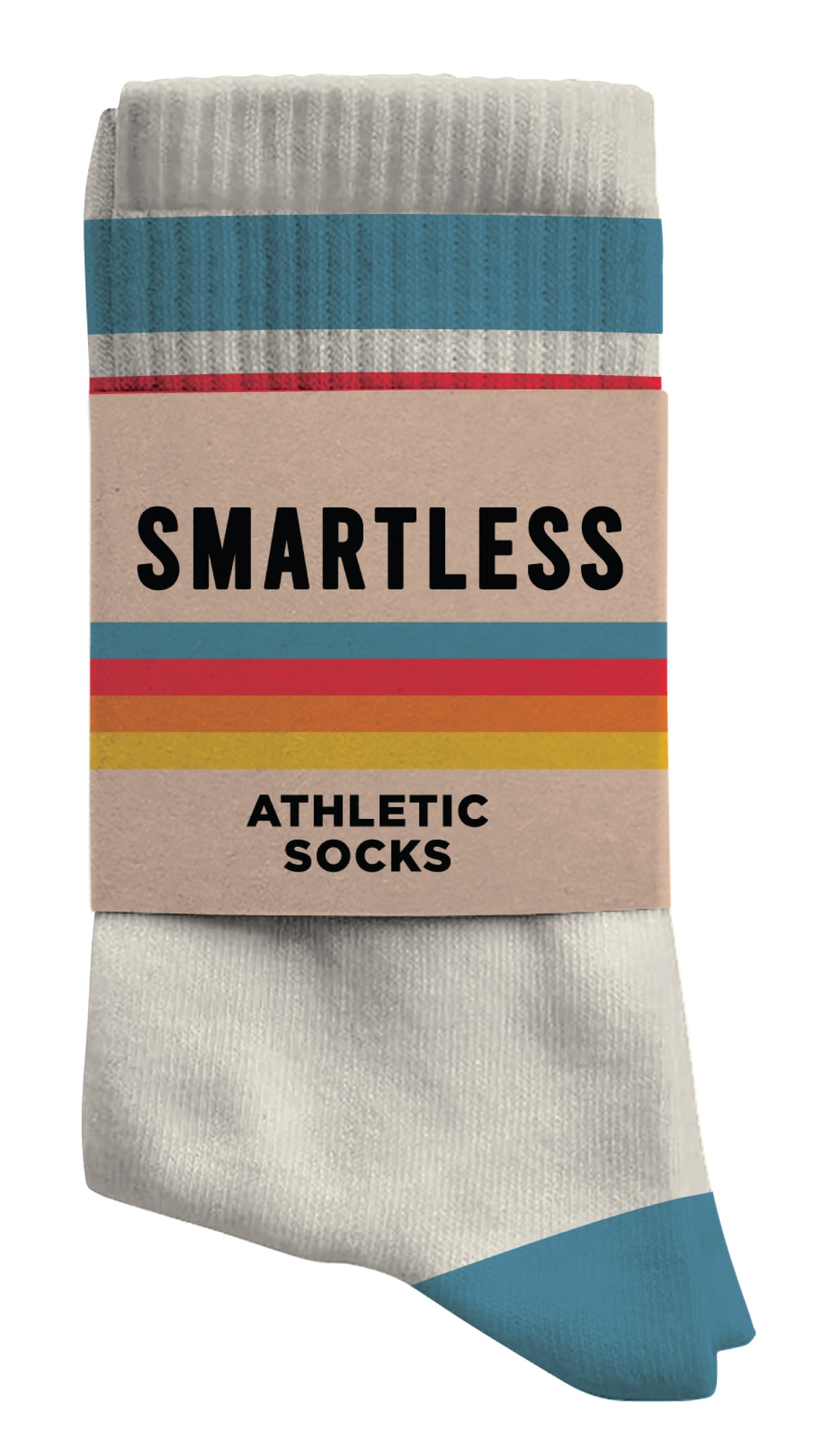 White socks with stripes, packaged with a label that reads 'SMARTLESS ATHLETIC SOCKS.'