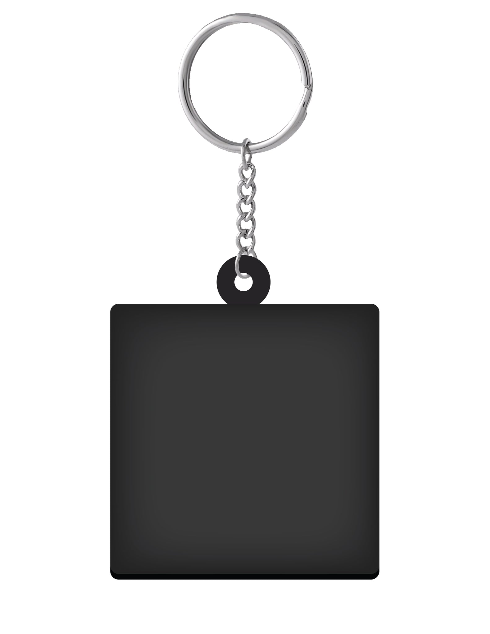 Back of black square keychain with a silver ring and chain.