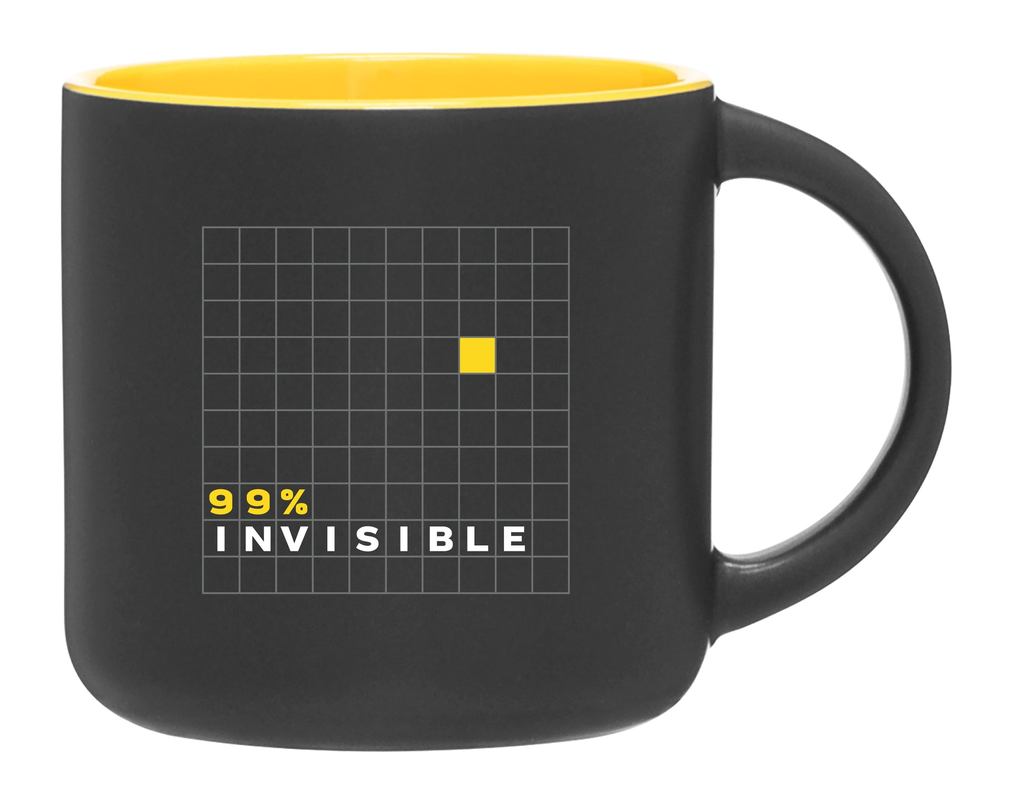 Back of black mug with a yellow interior, featuring a graph with one yellow square and the text '99% INVISIBLE.'