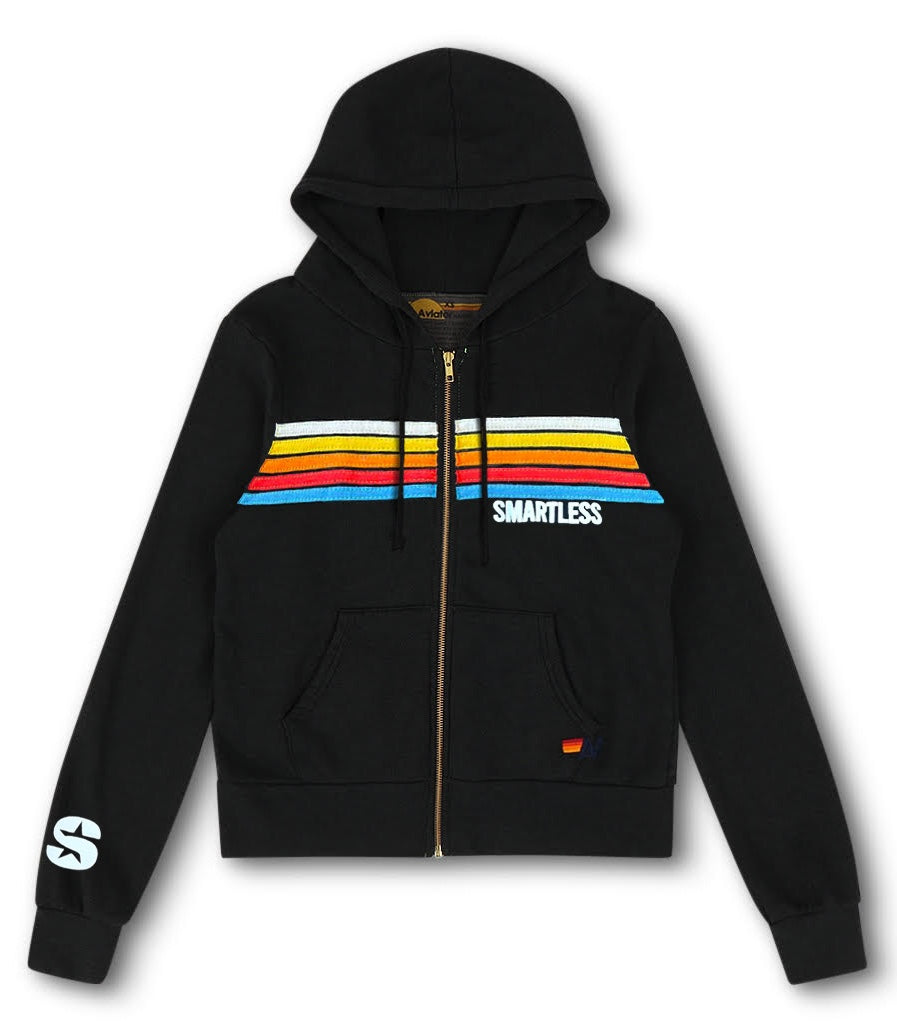 Black zip-up Aviator Nation hoodie with multicolored stripes and 'SMARTLESS' embroidered on the front.