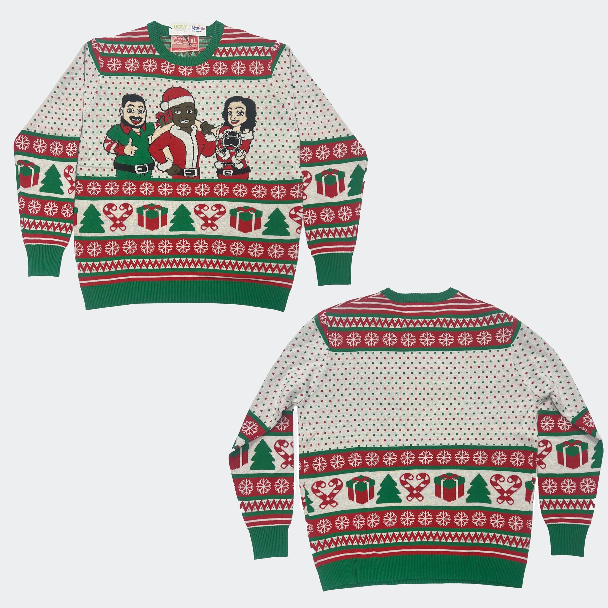 Front and back sides of white, green and red knit holiday sweater, oriented diagonally on a white background. 