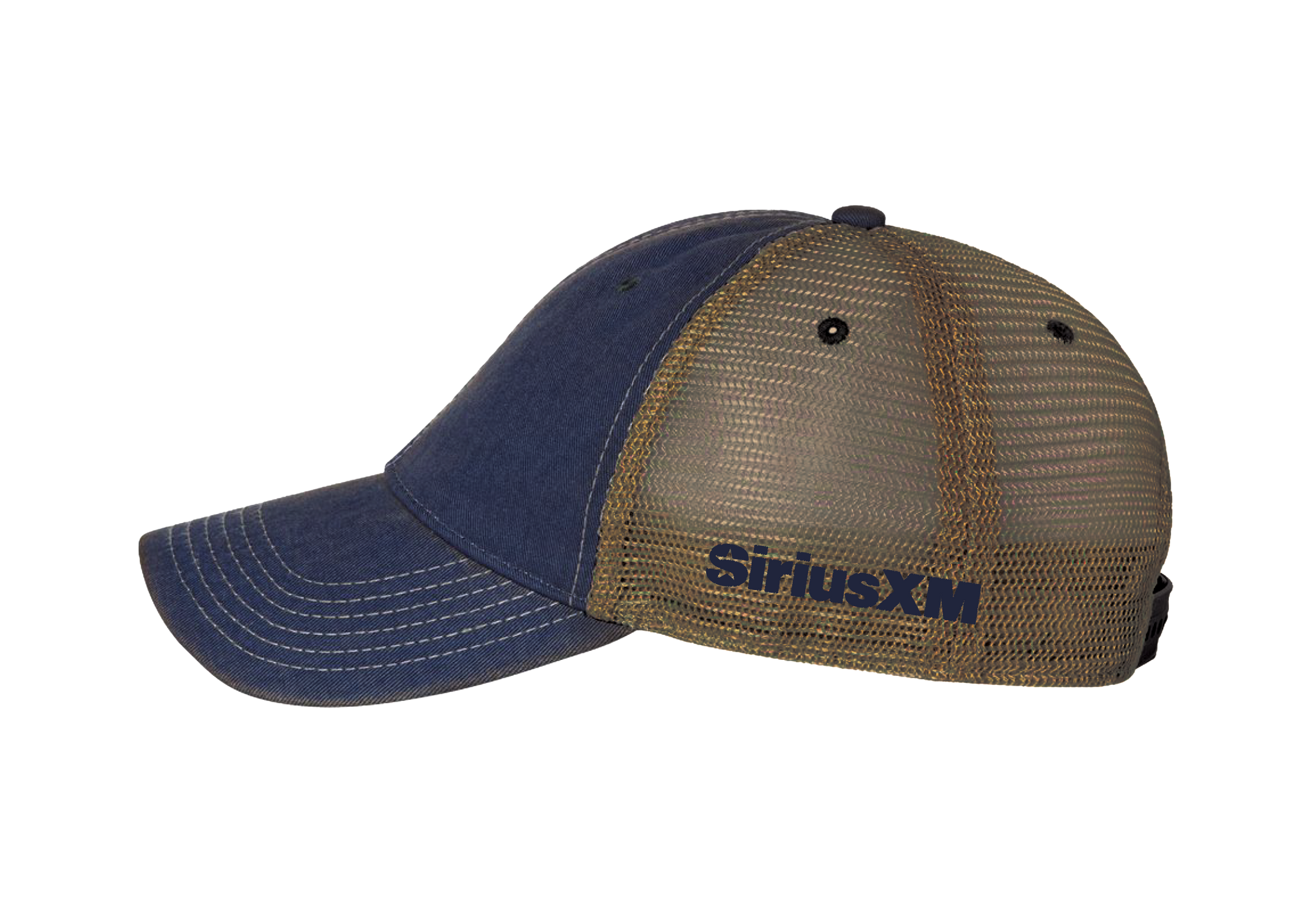 Blue and tan trucker cap with a mesh back featuring the SiriusXM logo.