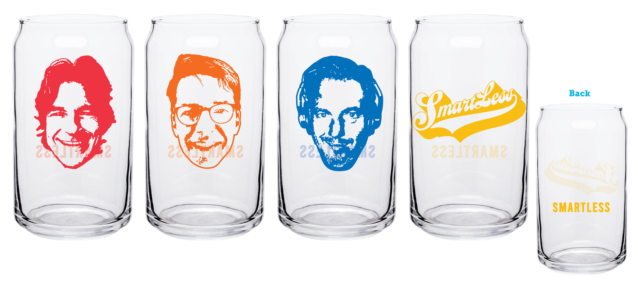 Four glass cups featuring caricature faces in different colors, labeled 'SMARTLESS,' with an additional cup showing the text 'SMARTLESS' on its back. Colors of graphics include red, orange, blue and yellow.