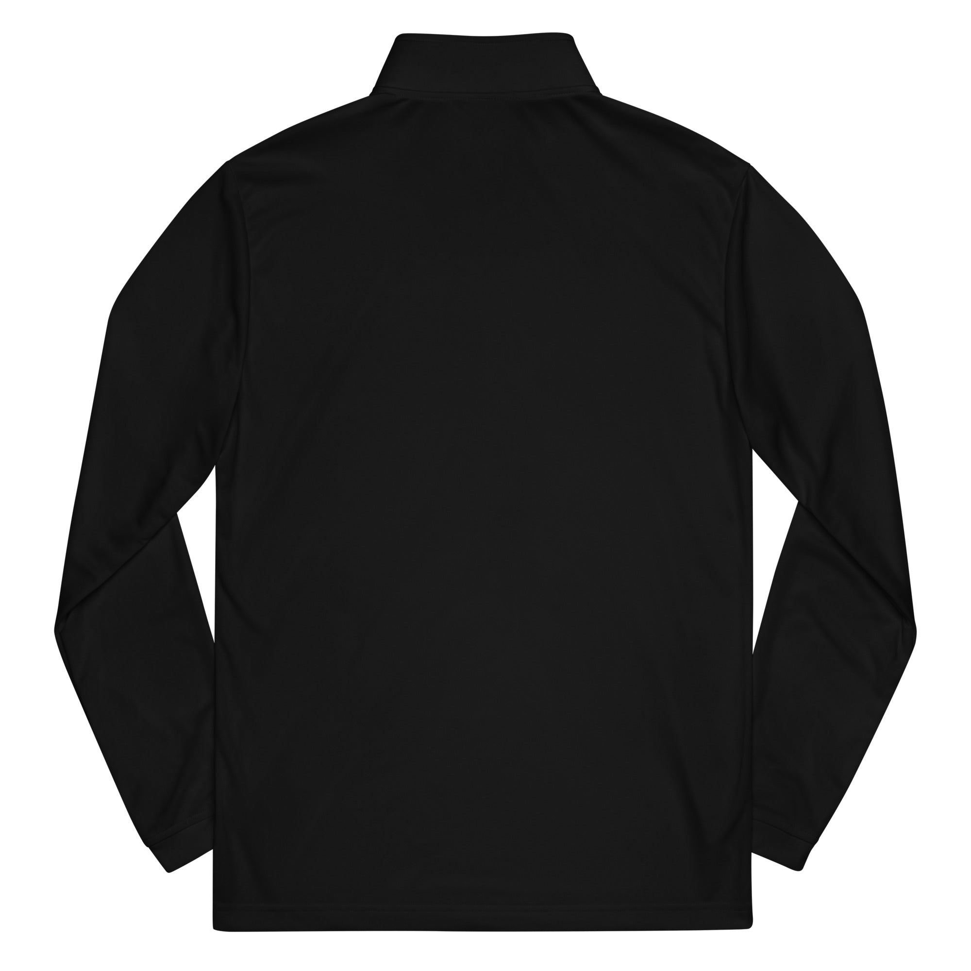 Back view of a black long-sleeve shirt with a collar on a white background.