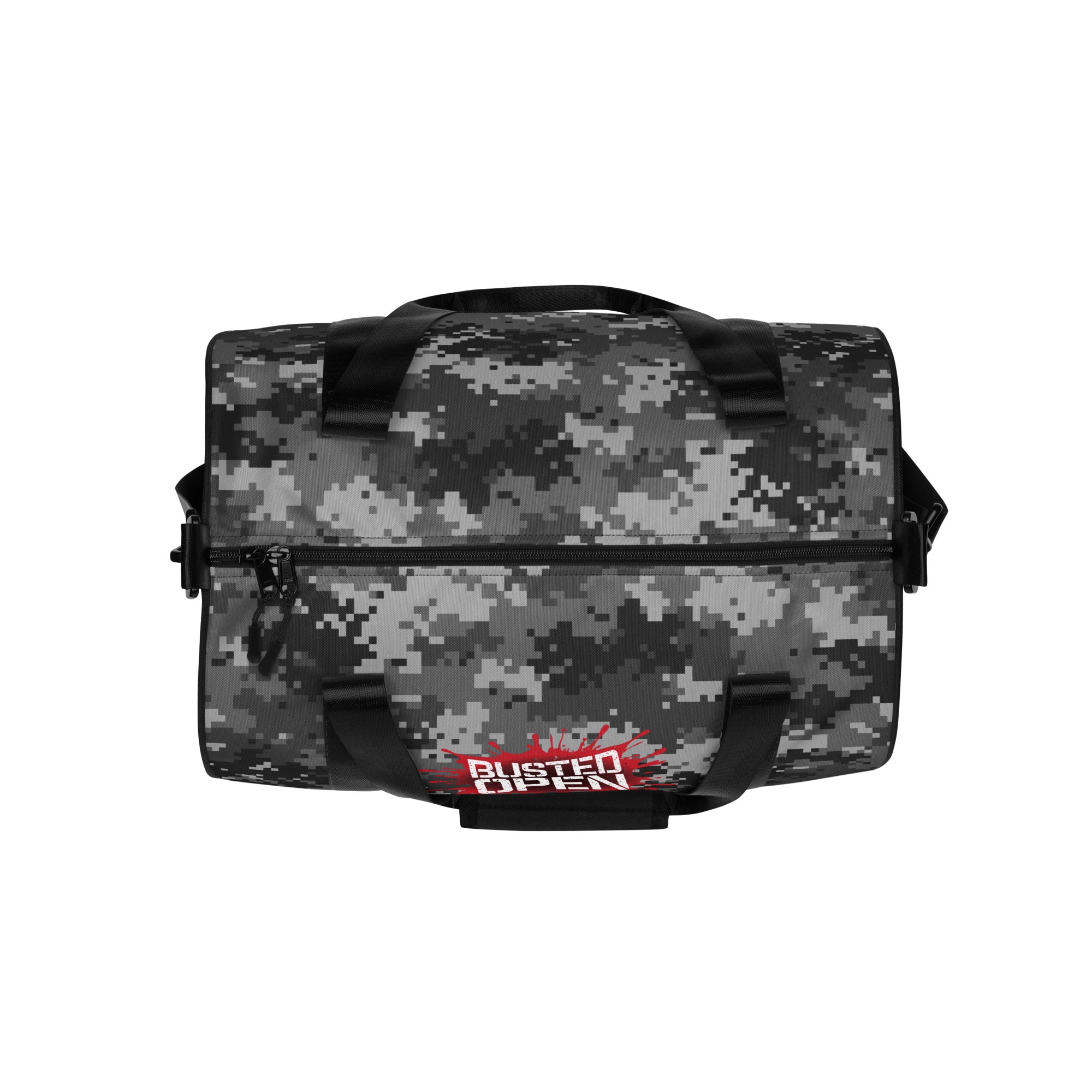 Digital camo duffel bag featuring bold 'Busted' logo in red. Arial view.