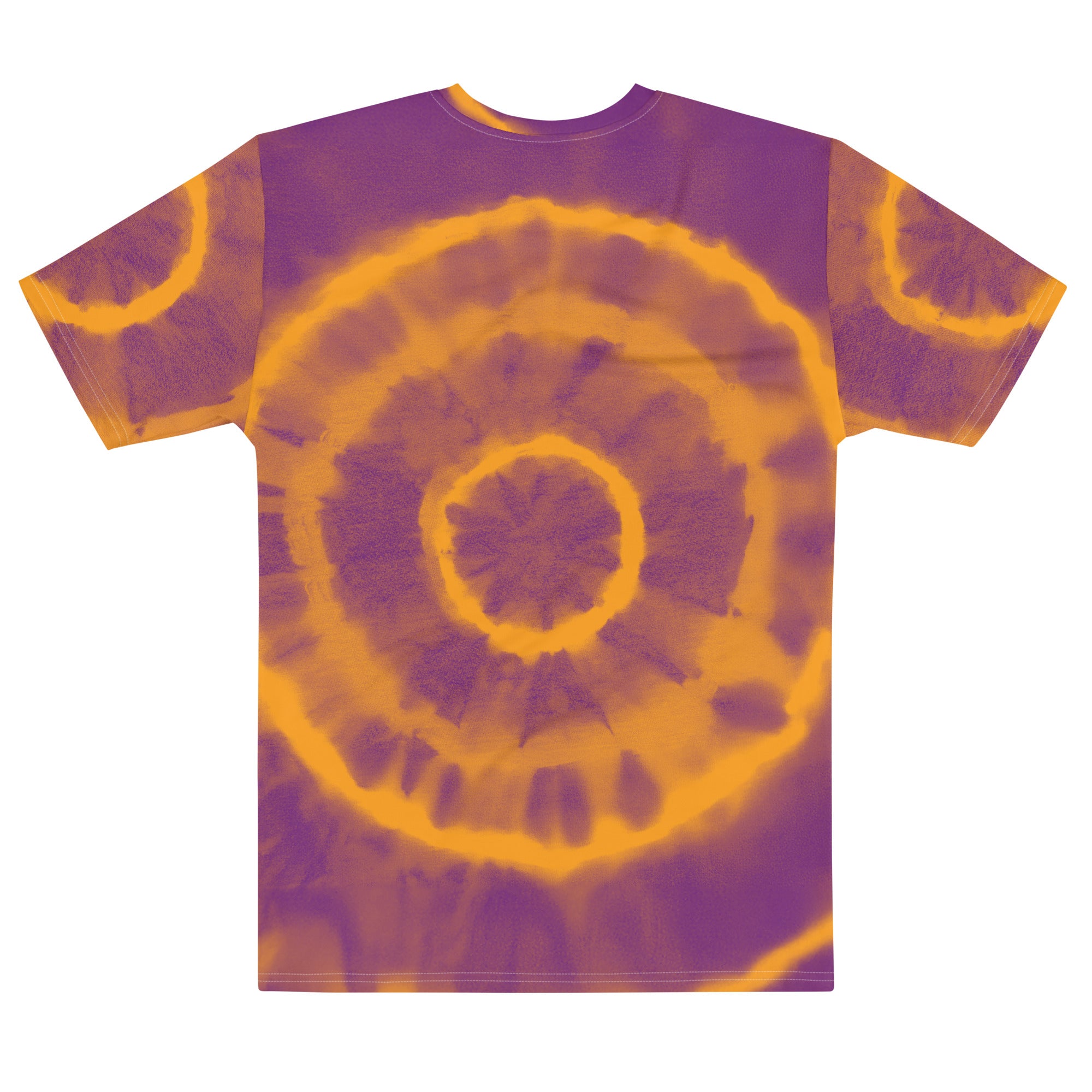 Purple and orange tie-dye t-shirt with spiral pattern on the back.