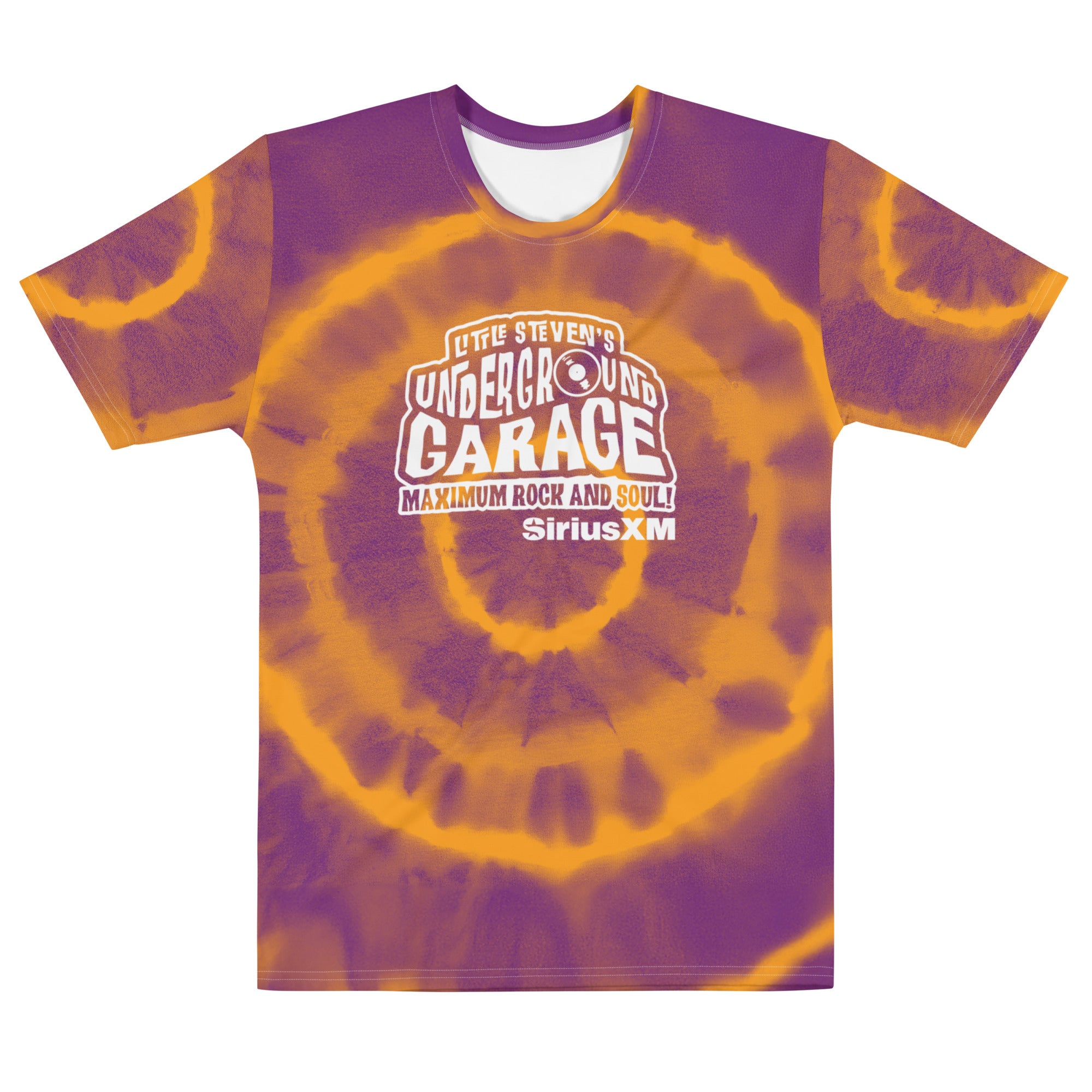 Purple and orange tie-dye t-shirt featuring the white text 'Little Steven's Underground Garage Maximum Rock and Soul! 'SiriusXM'.