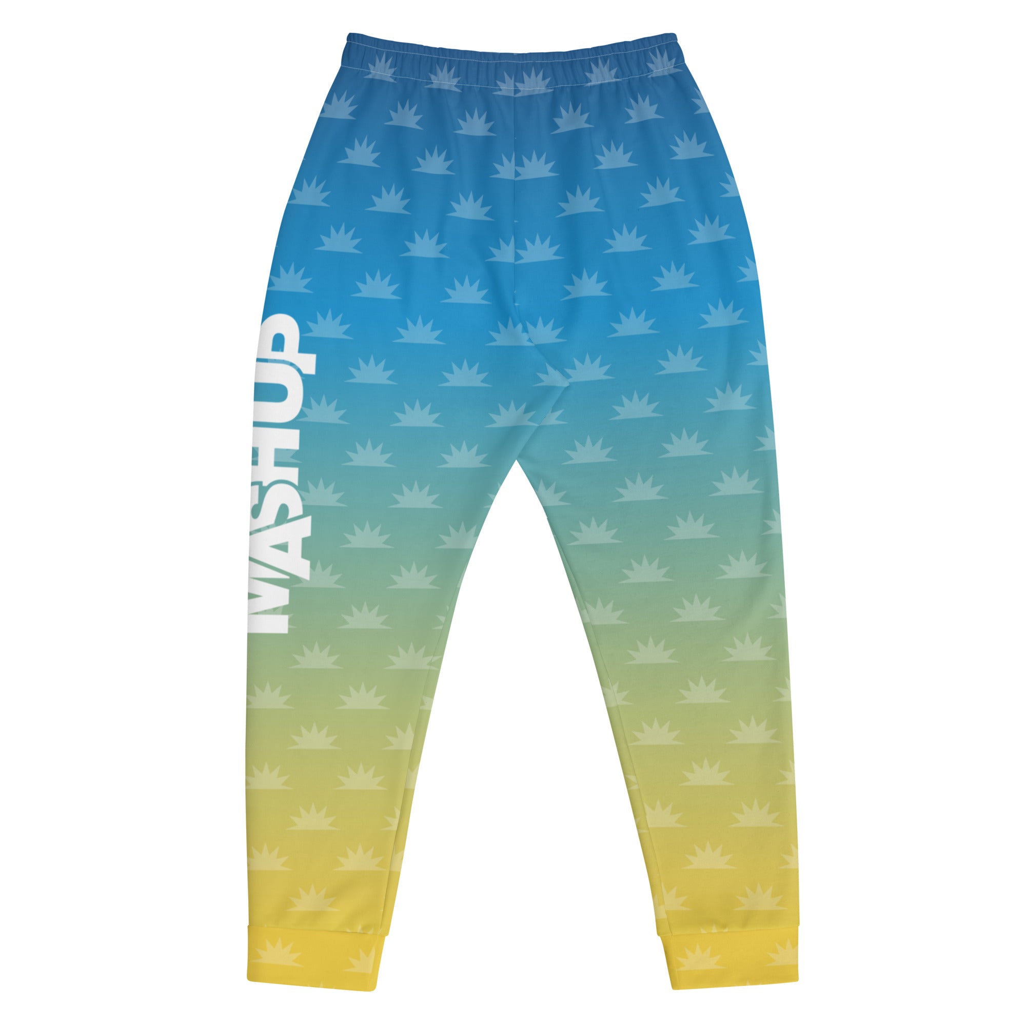 Gradient blue and pink joggers with a crown pattern and the logo 'THE MORNING MASHUP' printed on the side.