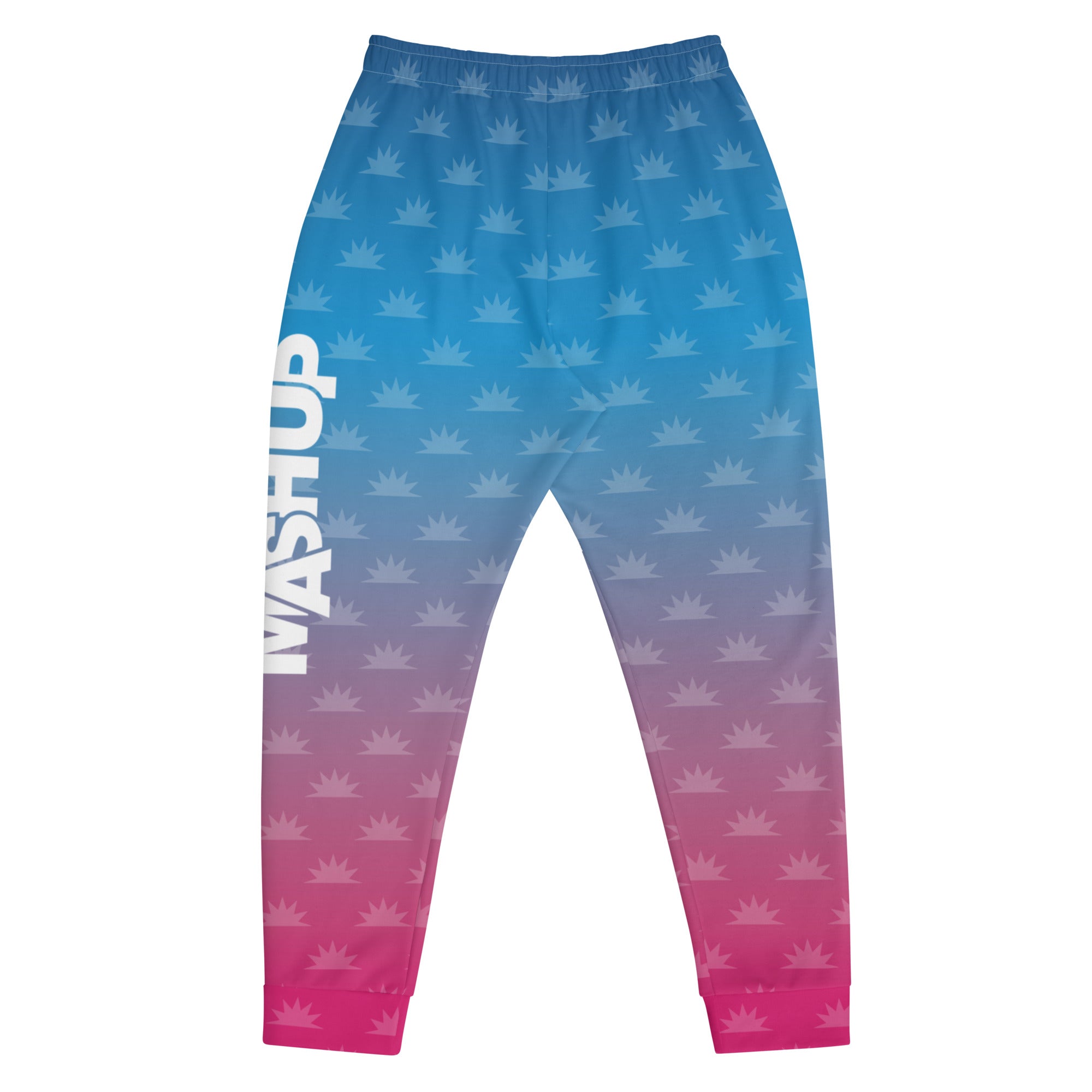 Gradient blue and pink joggers with a crown pattern and the logo 'THE MORNING MASHUP' printed on the side.