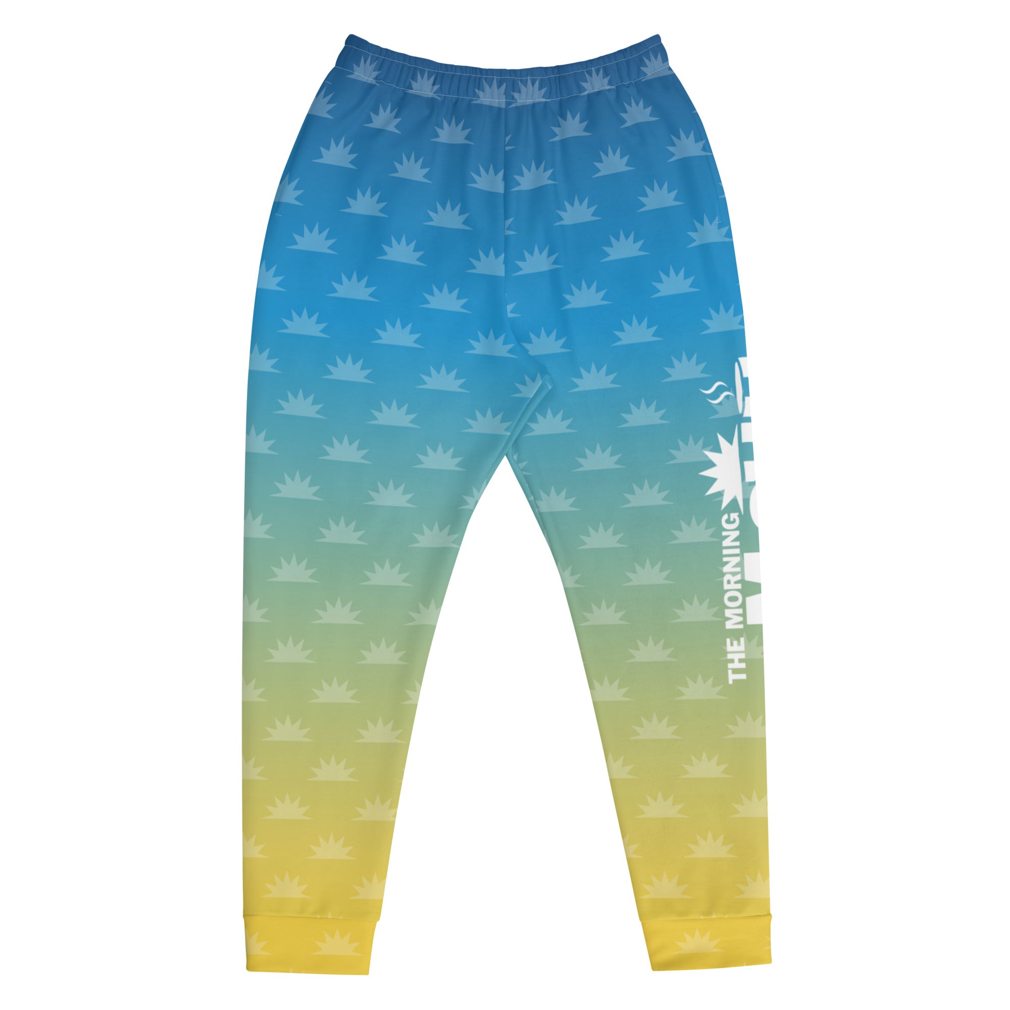 Gradient blue and pink joggers with a crown pattern and the logo 'THE MORNING MASHUP' printed on the side.