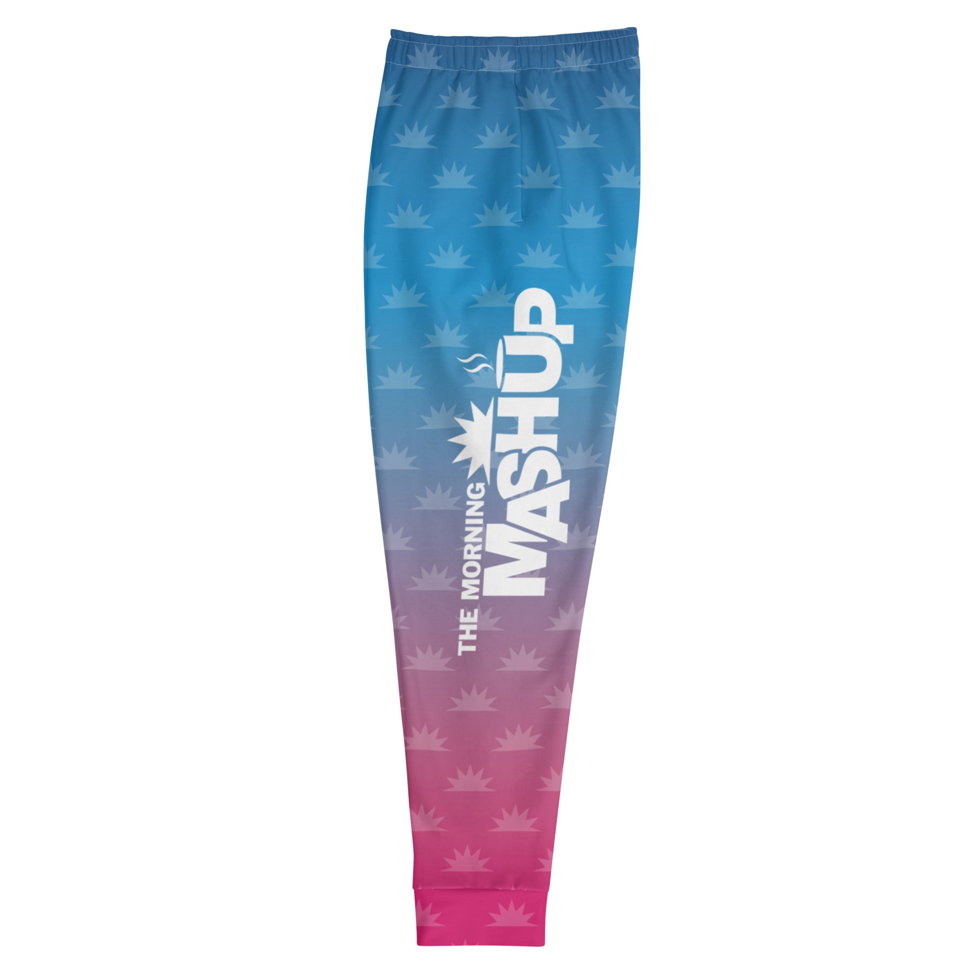 Gradient blue and pink joggers with a crown pattern and the logo 'THE MORNING MASHUP' printed on the side.