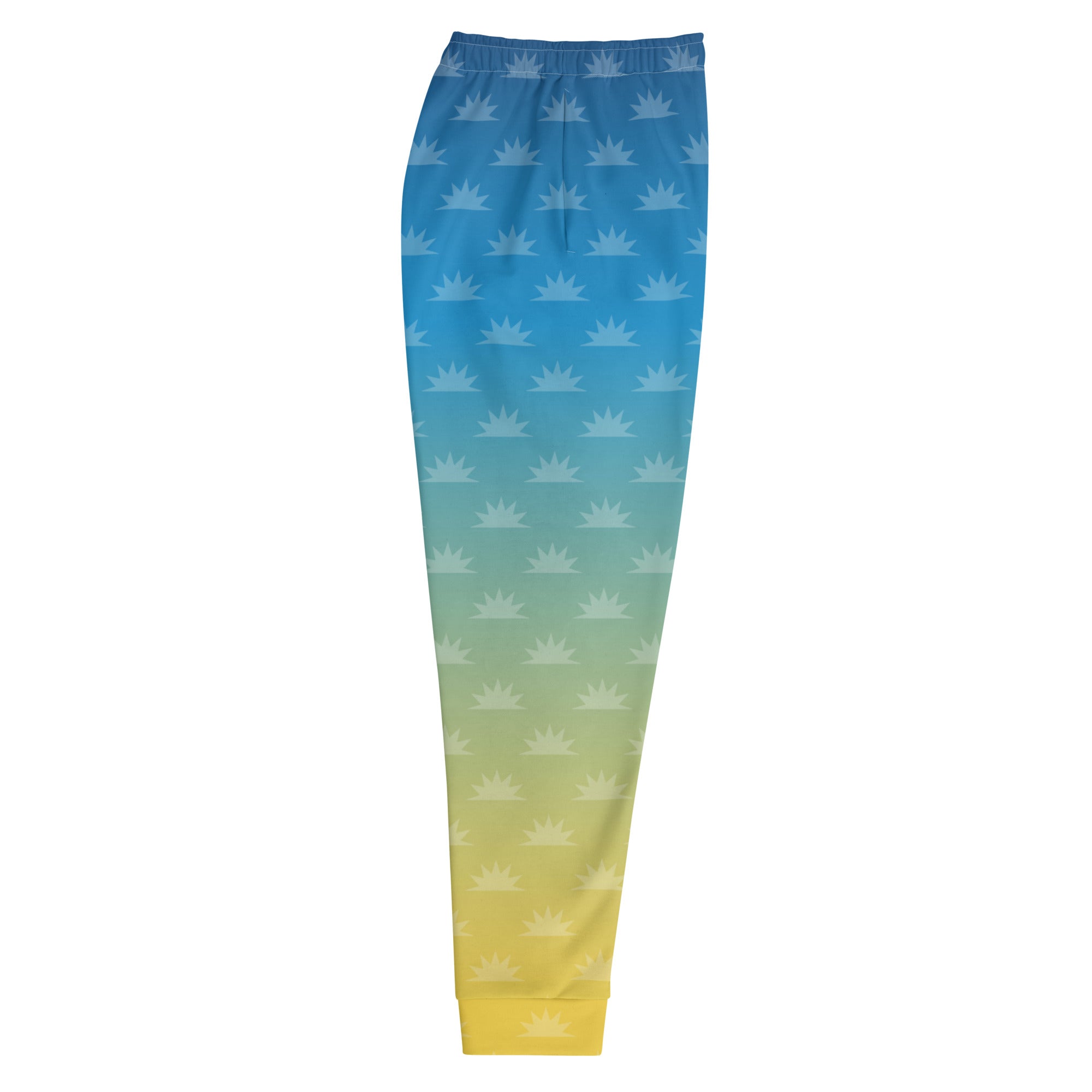 Gradient blue and pink joggers with a crown pattern and the logo 'THE MORNING MASHUP' printed on the side.