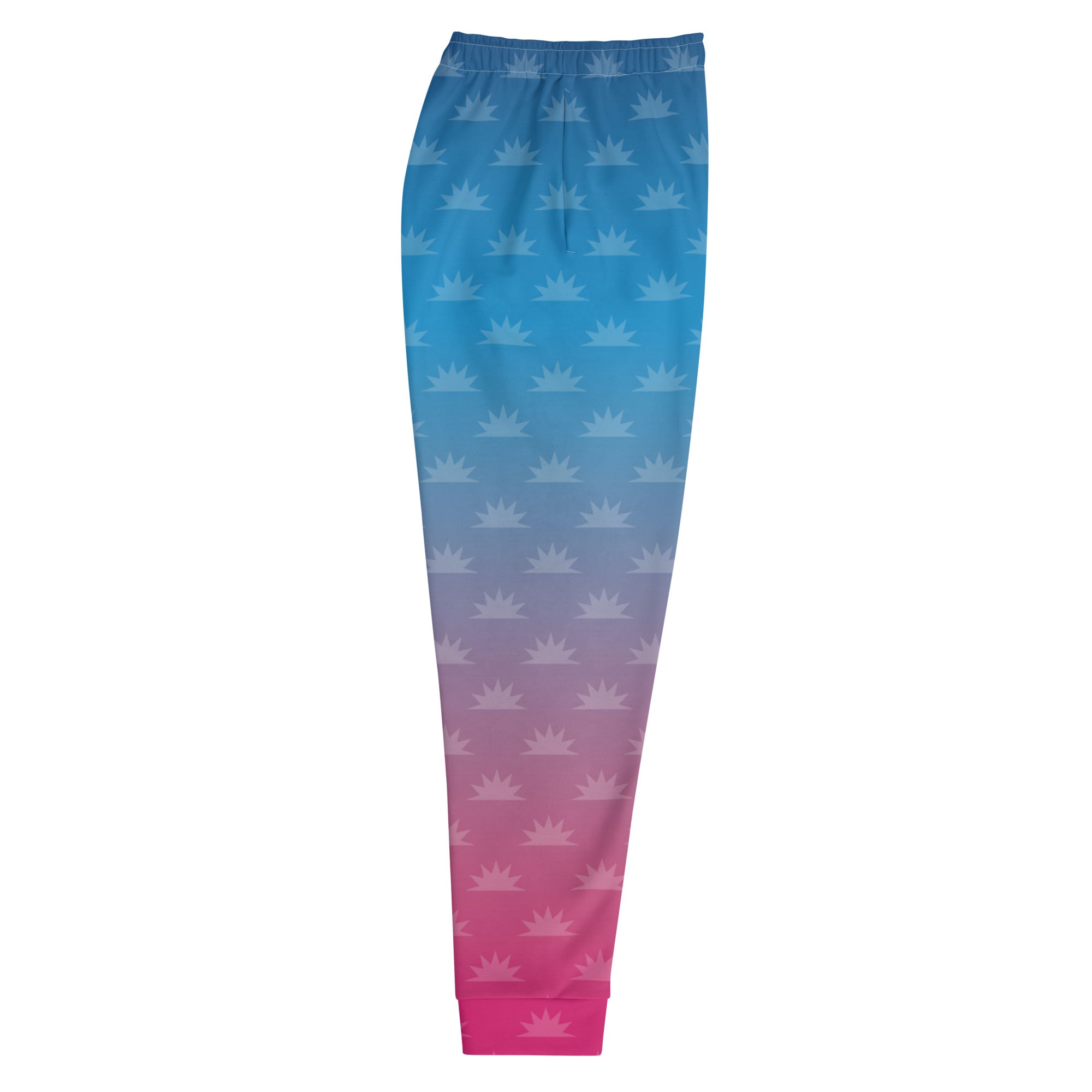 Gradient blue and pink joggers with a crown pattern and the logo 'THE MORNING MASHUP' printed on the side.