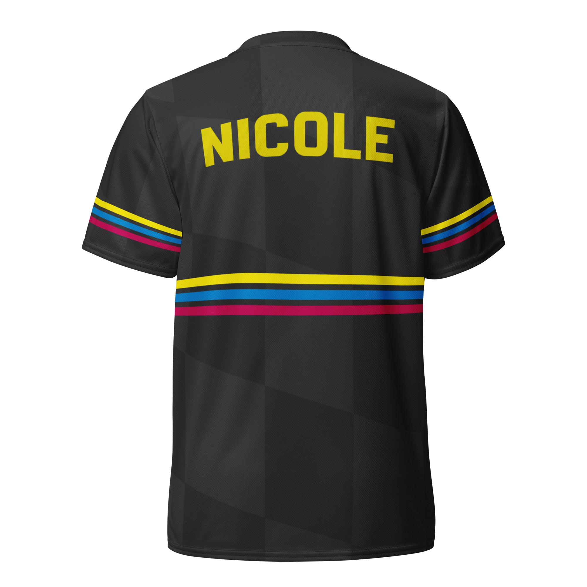 The backside of a short-sleeved black jersey against a white background. The sports jersey features colorful horizontal stripes of gold, blue, and pink, on the sleeves and back. The jersey features the text 'NICOLE' in gold lettering above the horizontal stripes at the upper back.