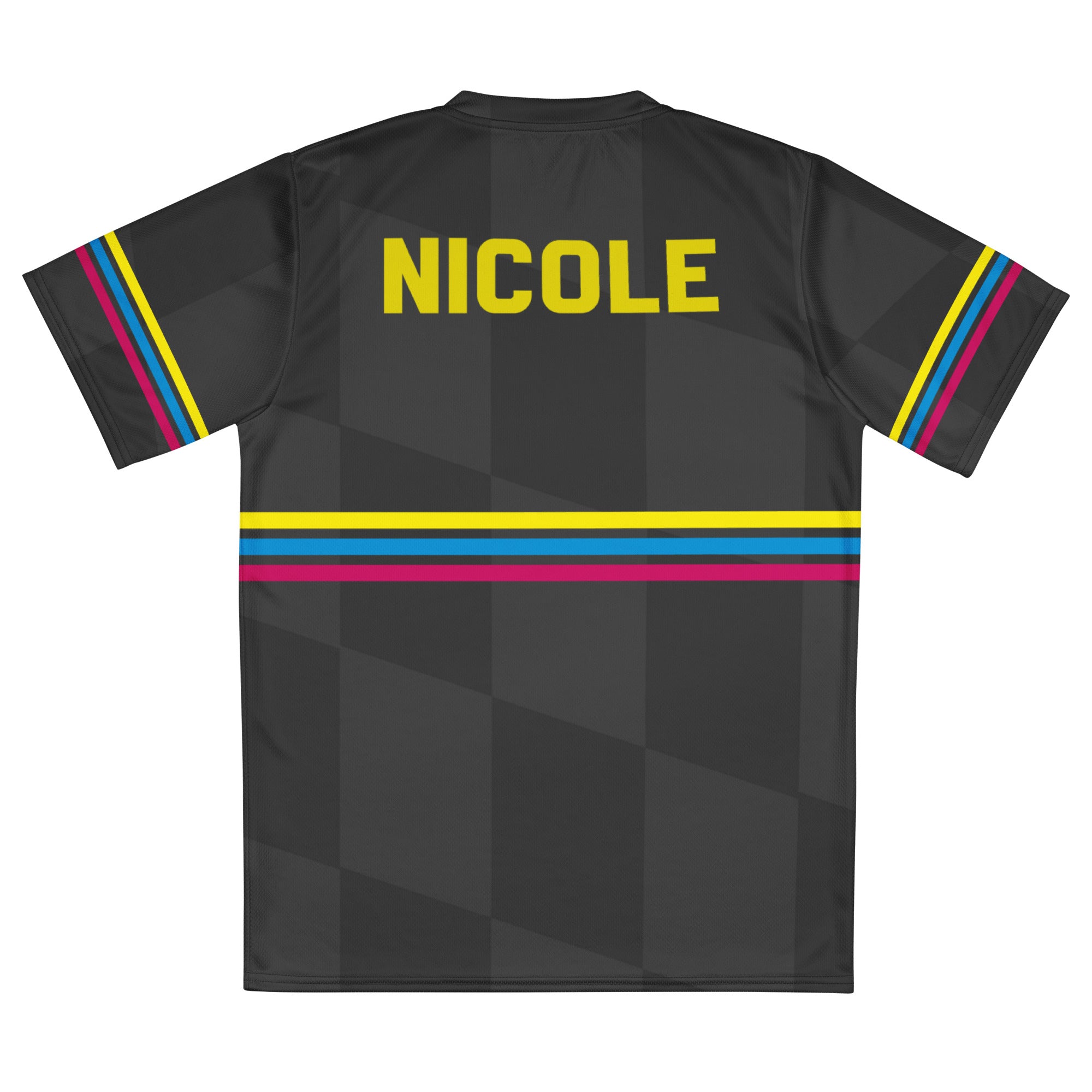 The backside of a short-sleeved black jersey against a white background. The sports jersey features colorful horizontal stripes of gold, blue, and pink, on the sleeves and back. The jersey features 'NICOLE' in gold lettering above the horizontal stripes at the upper back.