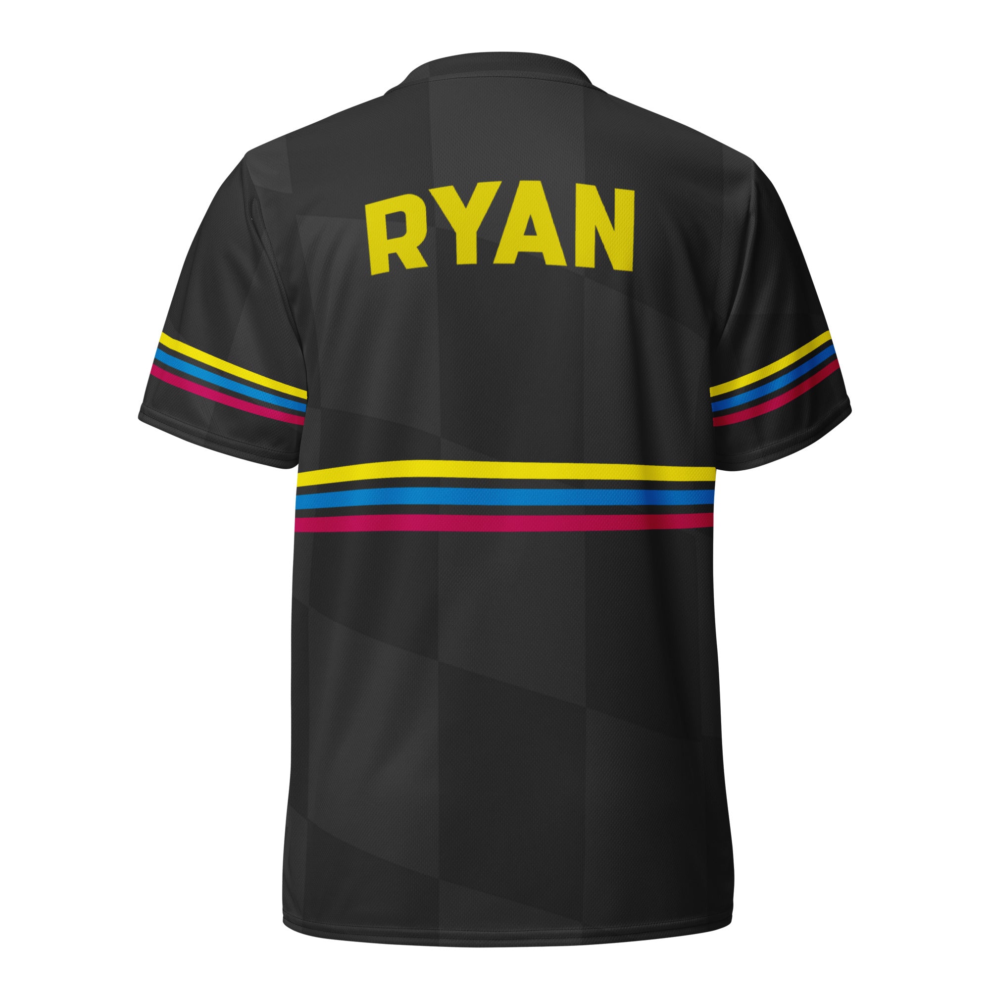 The back of a short-sleeved black jersey against a white background. The sports jersey features colorful horizontal stripes of gold, blue, and pink, on the sleeves and back. The jersey features 'RYAN' in gold lettering above the horizontal stripes at the upper back.