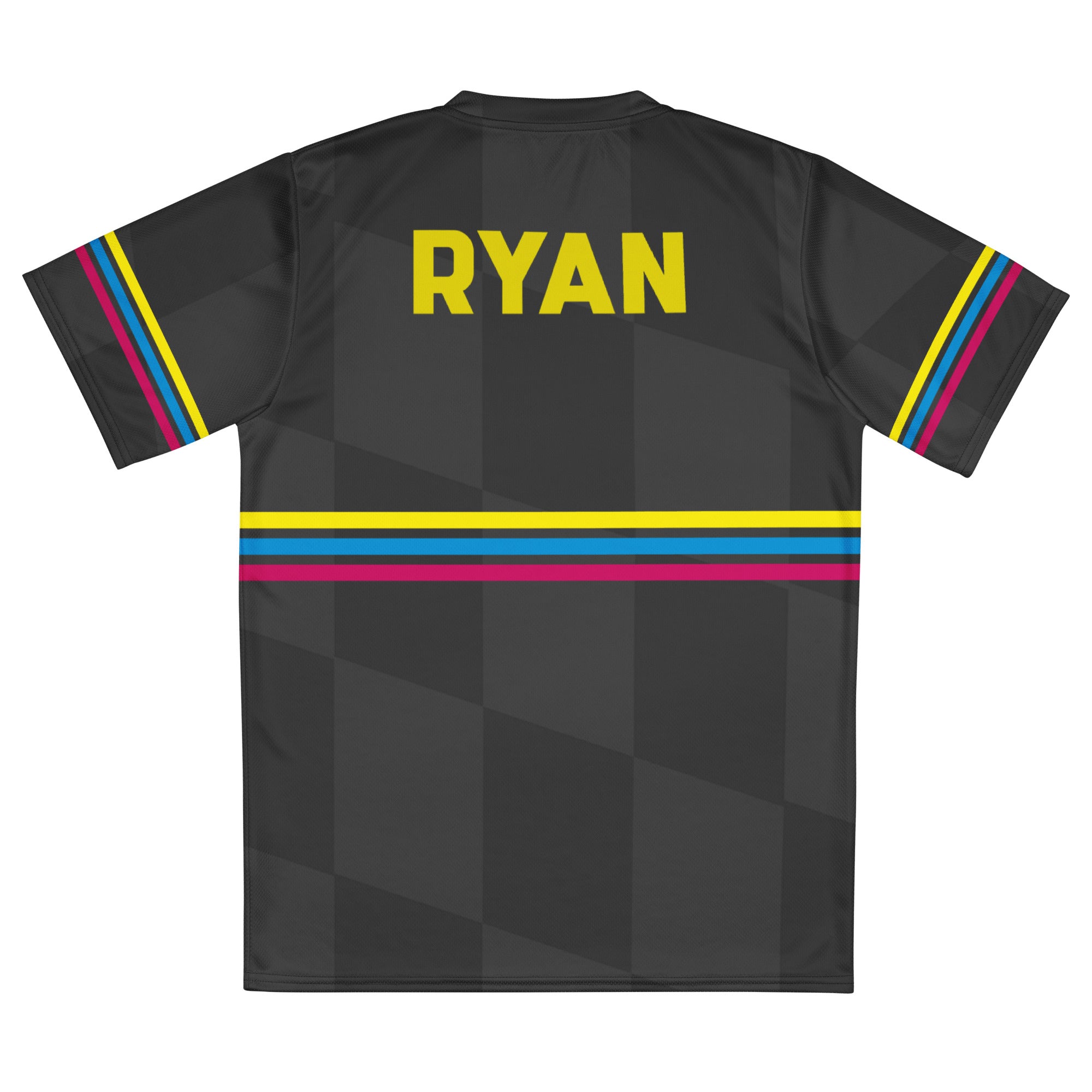 The back of a short-sleeved black jersey laying flat on a white surface. The sports jersey features colorful horizontal stripes of gold, blue, and pink, on the sleeves and back. The jersey features 'RYAN' in gold lettering above the horizontal stripes at the upper back.