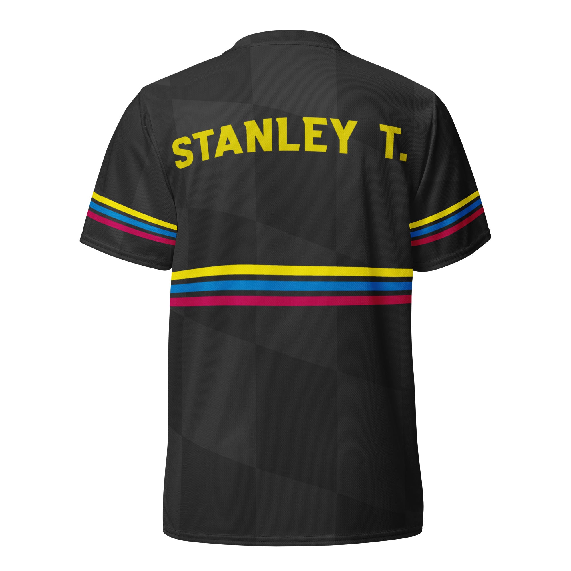 The back of a short-sleeved black jersey against a white background. The sports jersey features colorful horizontal stripes of gold, blue, and pink, on the sleeves and back. The jersey features 'STANLEY T.' in gold lettering above the horizontal stripes at the upper back. 