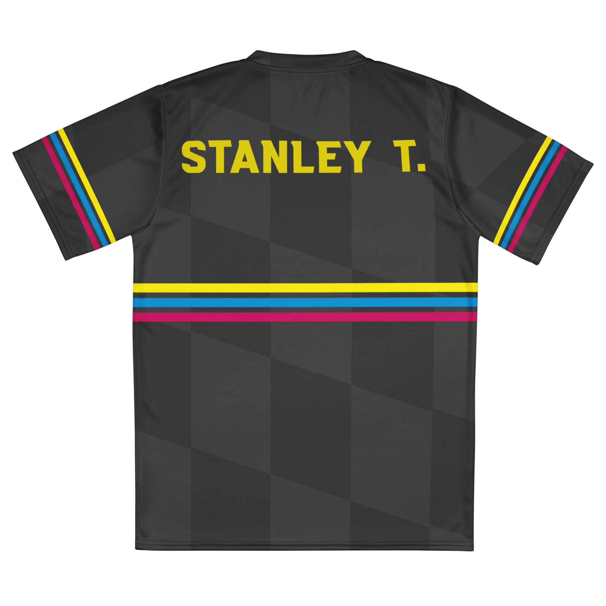 Back side of a short-sleeved black jersey laid out flat on a white surface. The sports jersey features colorful horizontal stripes of gold, blue, and pink, on the sleeves and back. The jersey features 'STANLEY T.' in gold lettering above the horizontal stripes at the upper back. 