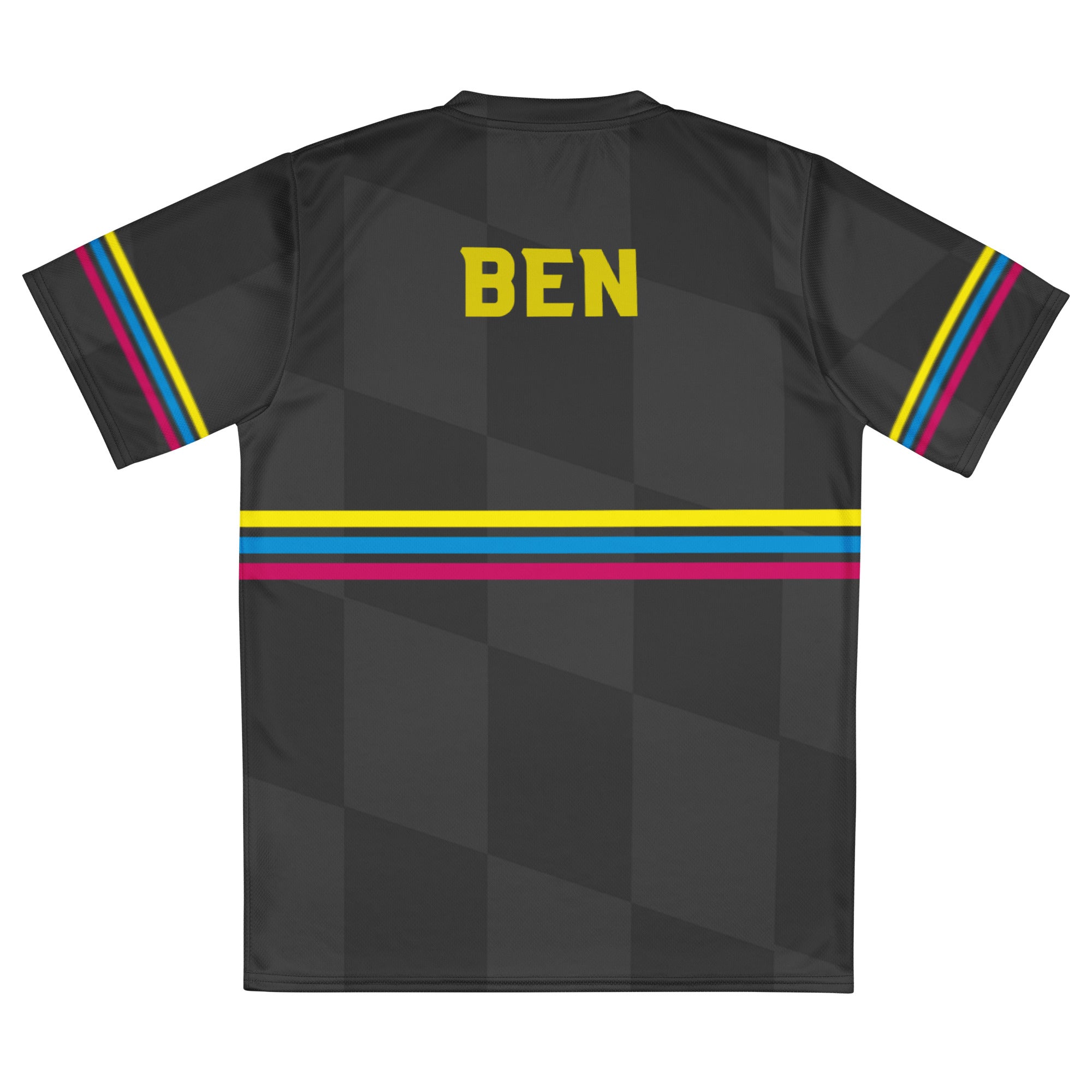 Back of a short-sleeved black jersey laying flat on a white surface. The sports jersey features colorful horizontal stripes of gold, blue, and pink, on the sleeves and back. The jersey features 'BEN' in gold lettering above the horizontal stripes at the upper back. 