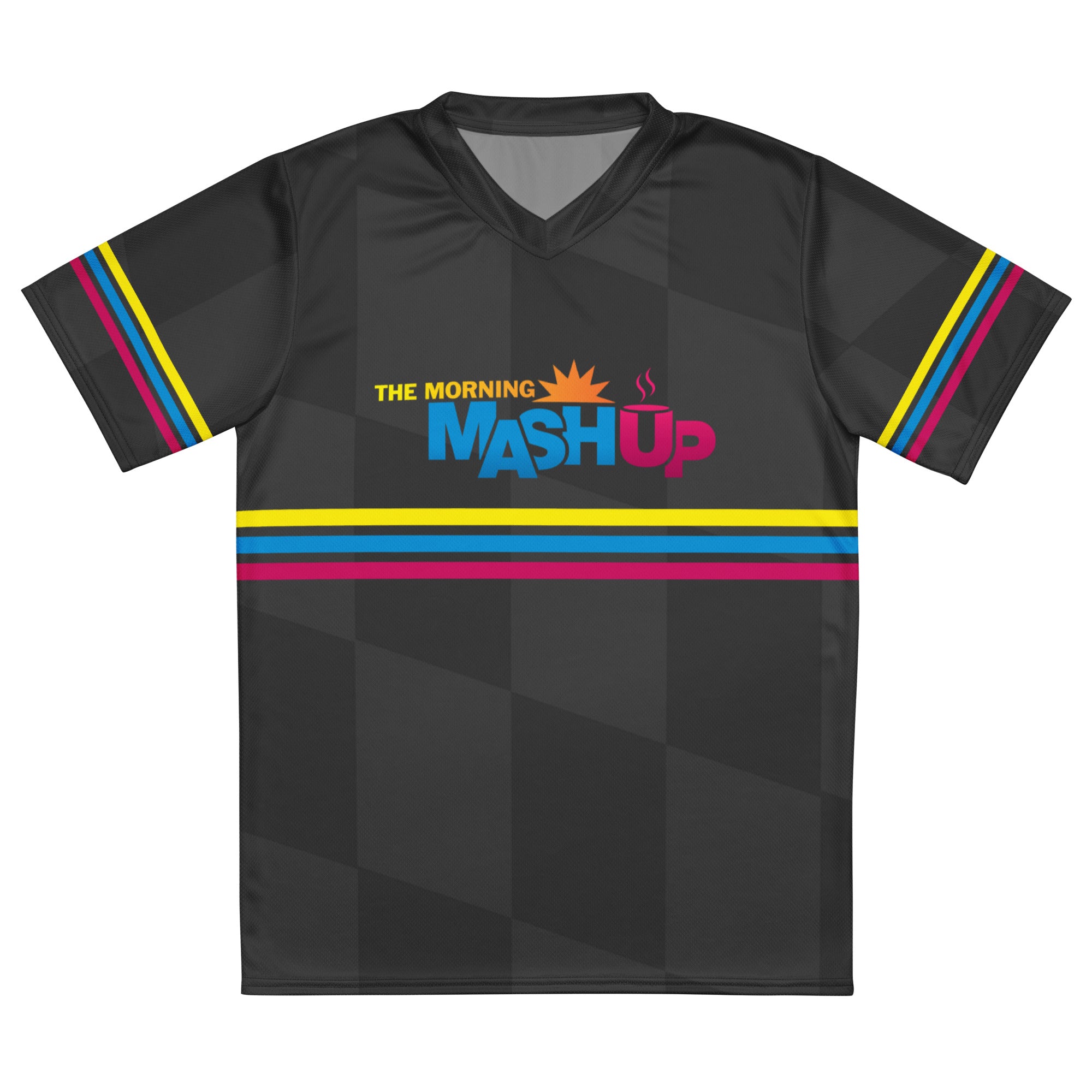 A short sleeve black jersey laid out flat against a white surface. The black sports jersey features colorful horizontal stripes on the sleeves and front. The front of the unisex jersey features 'THE MORNING MASH UP' logo.